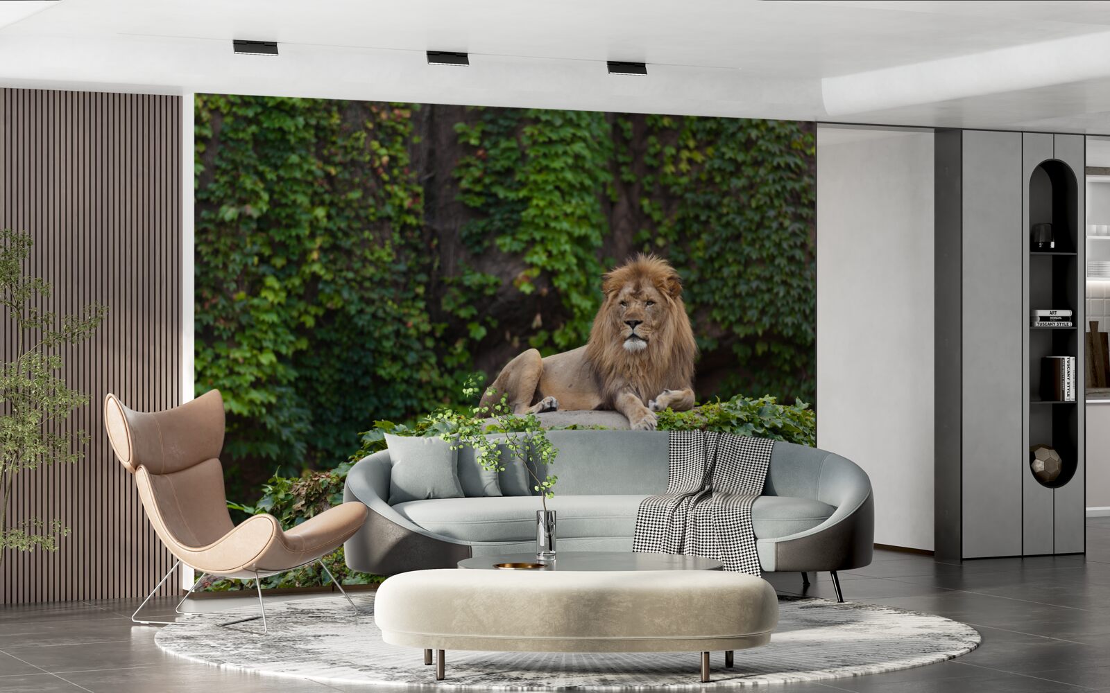 Fototapeta majestatyczny lew odpoczywa na pokrytym mchem kamieniu