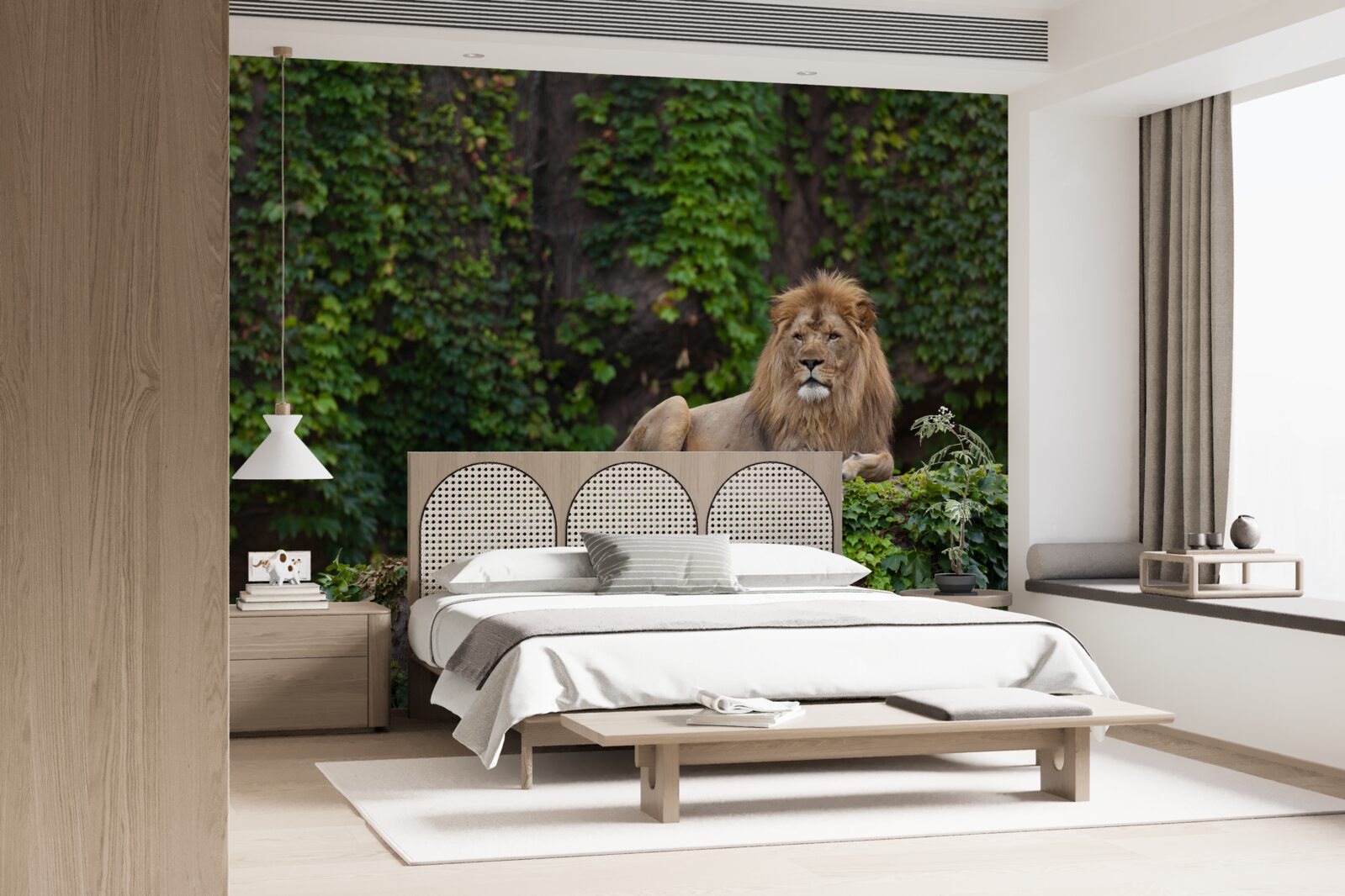 Fototapeta majestatyczny lew odpoczywa na pokrytym mchem kamieniu