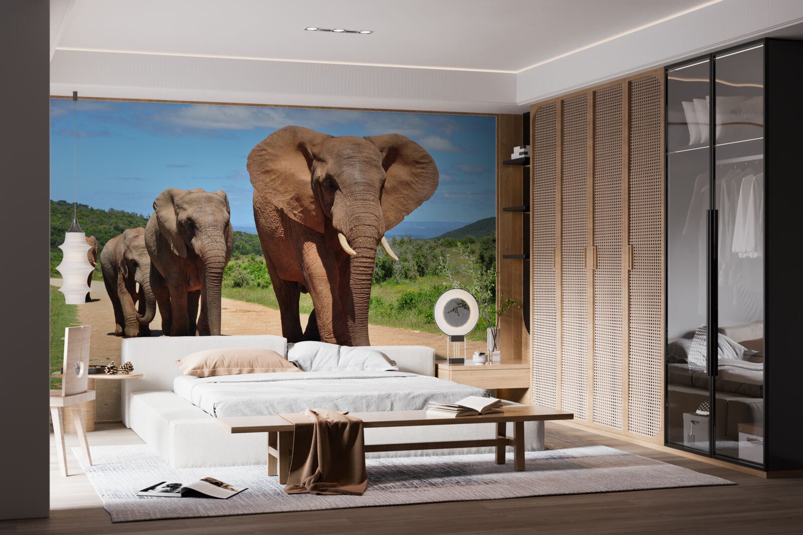 Fototapeta grupa słoni wraca do domu przez piaszczysty teren