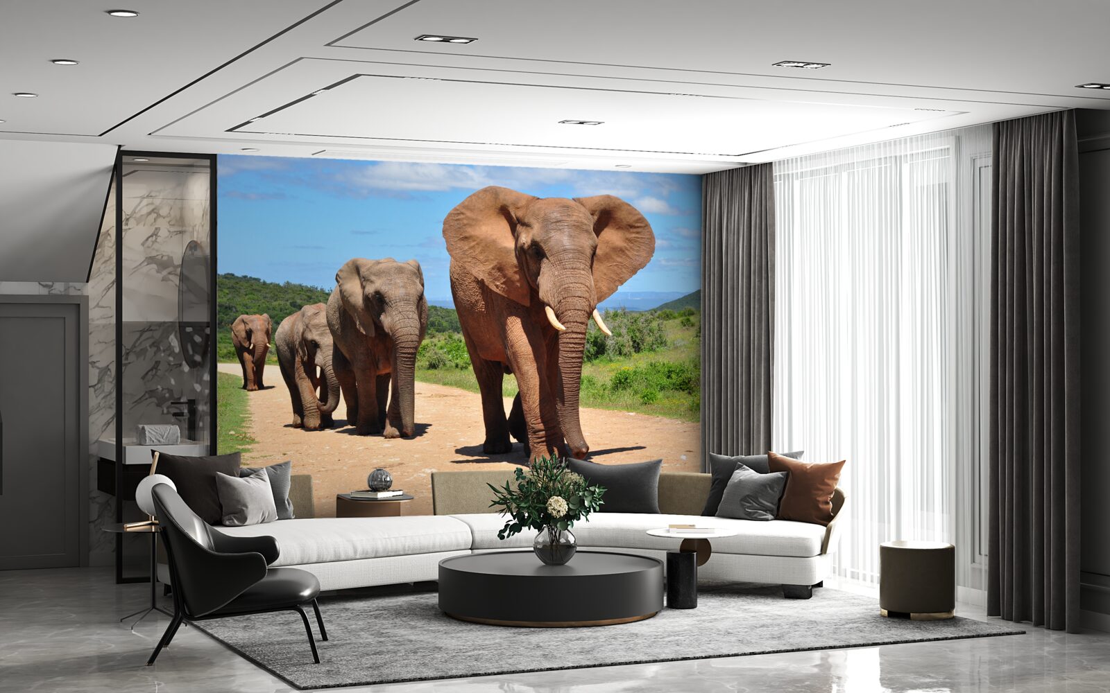 Fototapeta grupa słoni wraca do domu przez piaszczysty teren