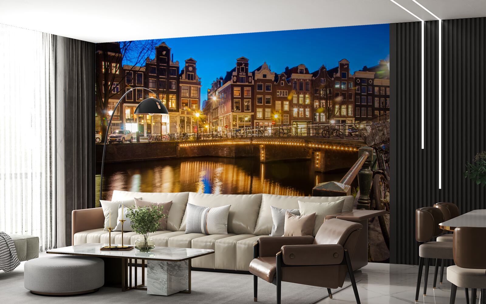 Fototapeta odbicie amsterdamu nocą w wodzie