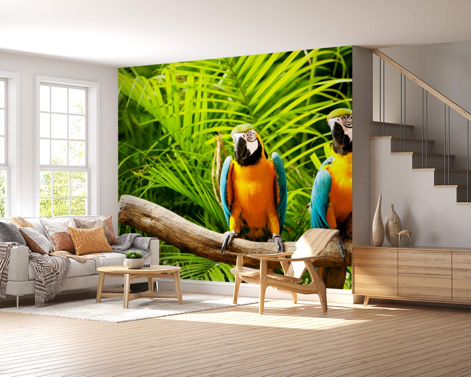 Fototapeta rodzina papug ara na gałęzi otoczonej zielenią