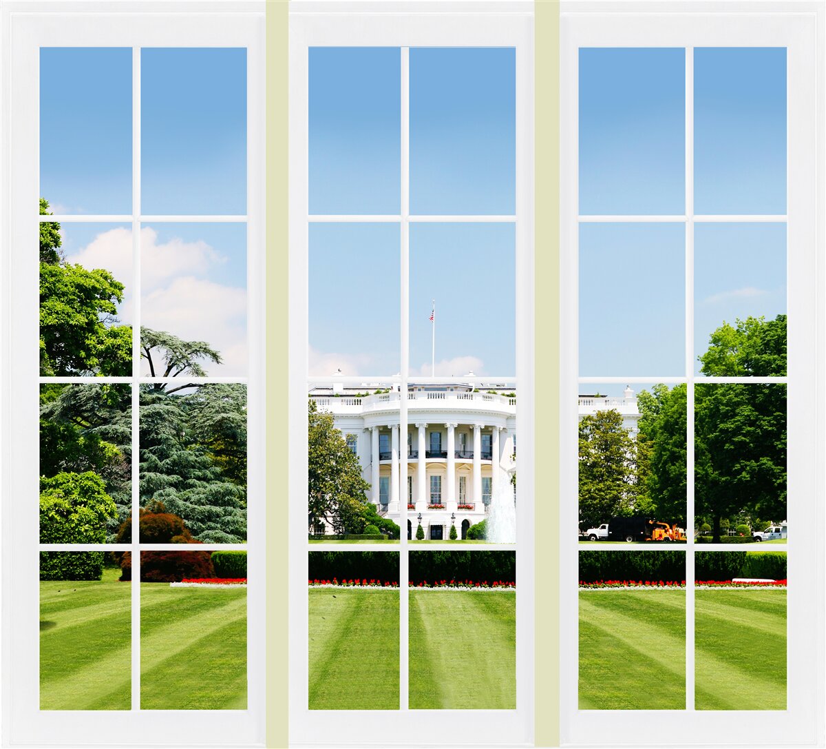 Fototapeta dom jest śnieżnobiały z widokiem na zielone łąki w oknach