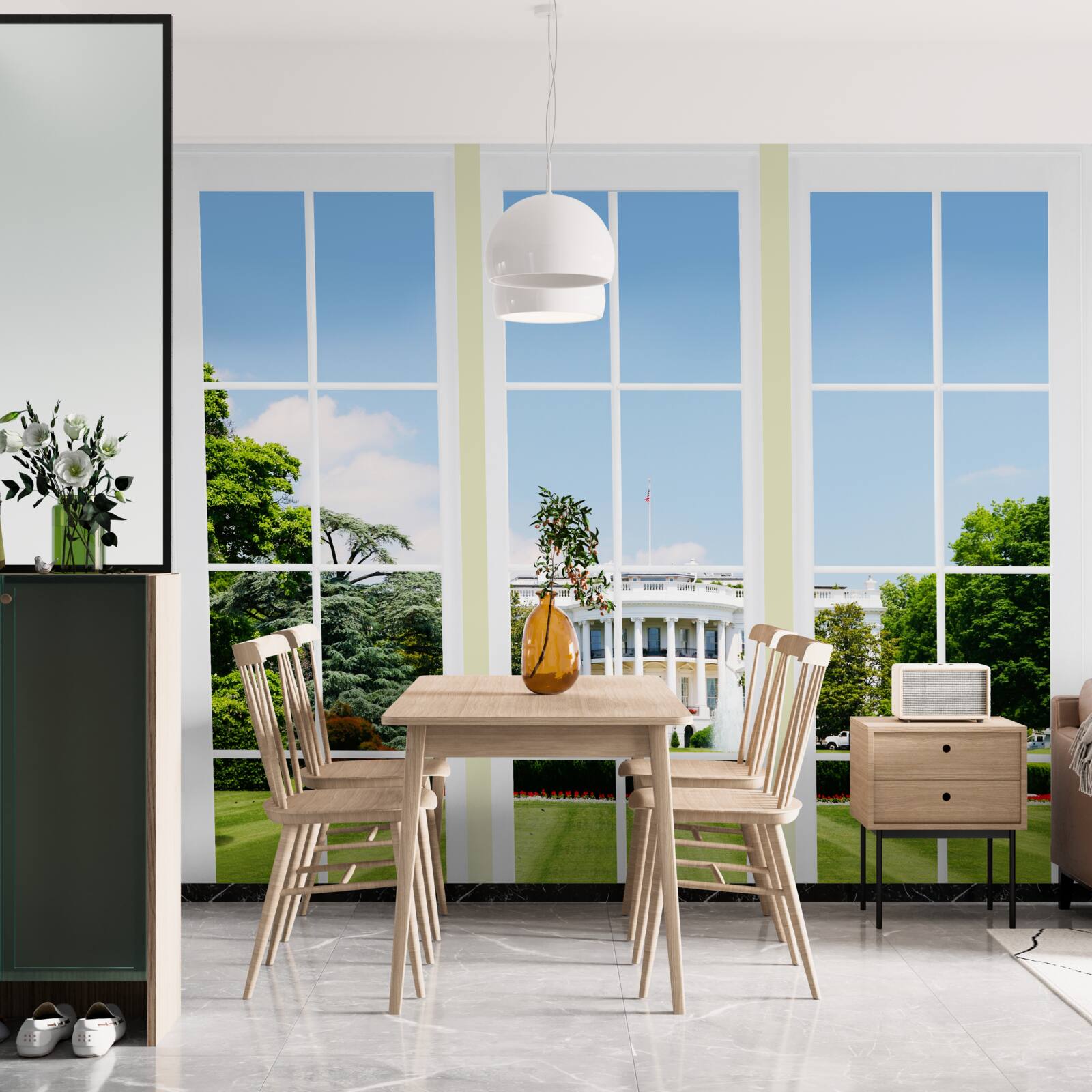 Fototapeta dom jest śnieżnobiały z widokiem na zielone łąki w oknach