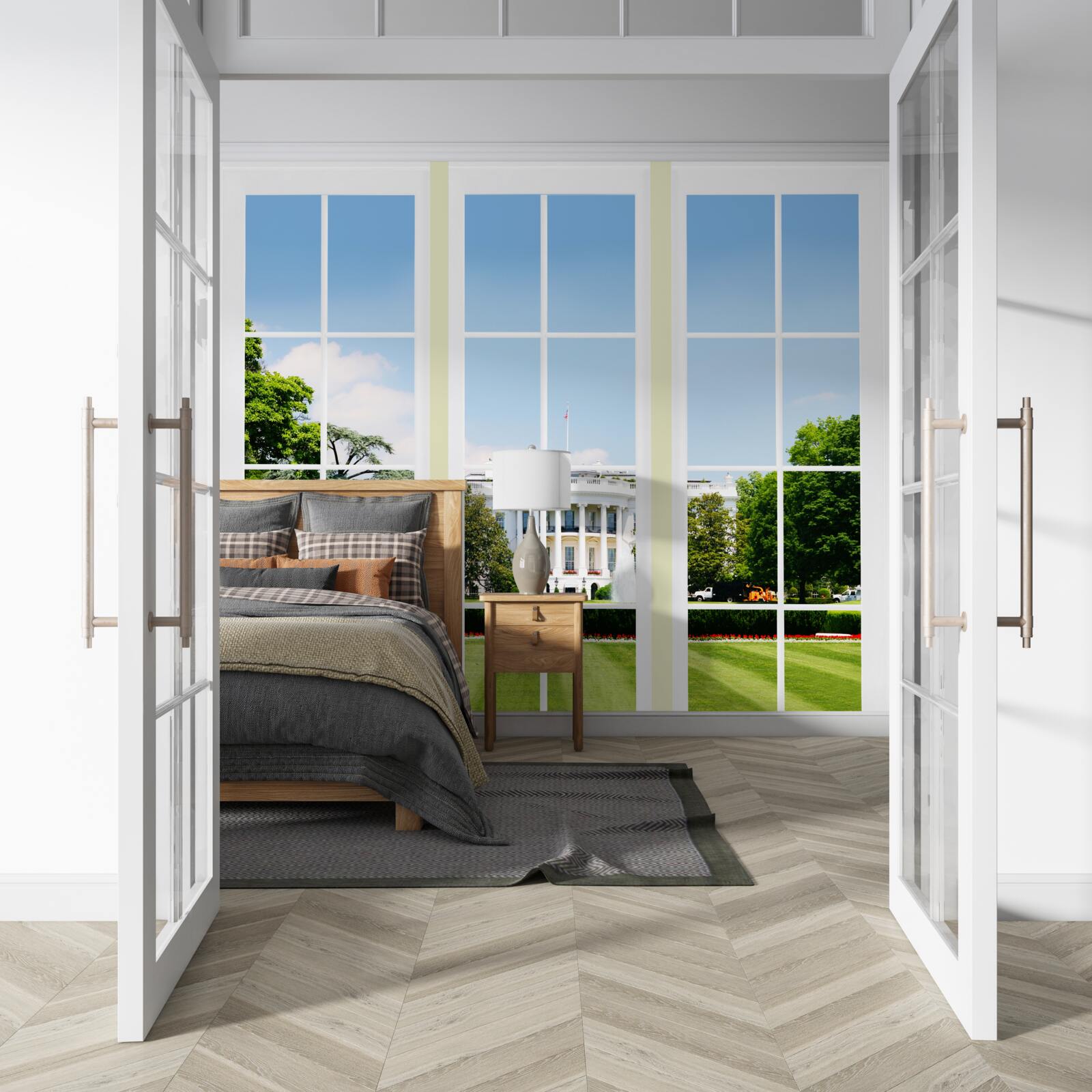 Fototapeta dom jest śnieżnobiały z widokiem na zielone łąki w oknach