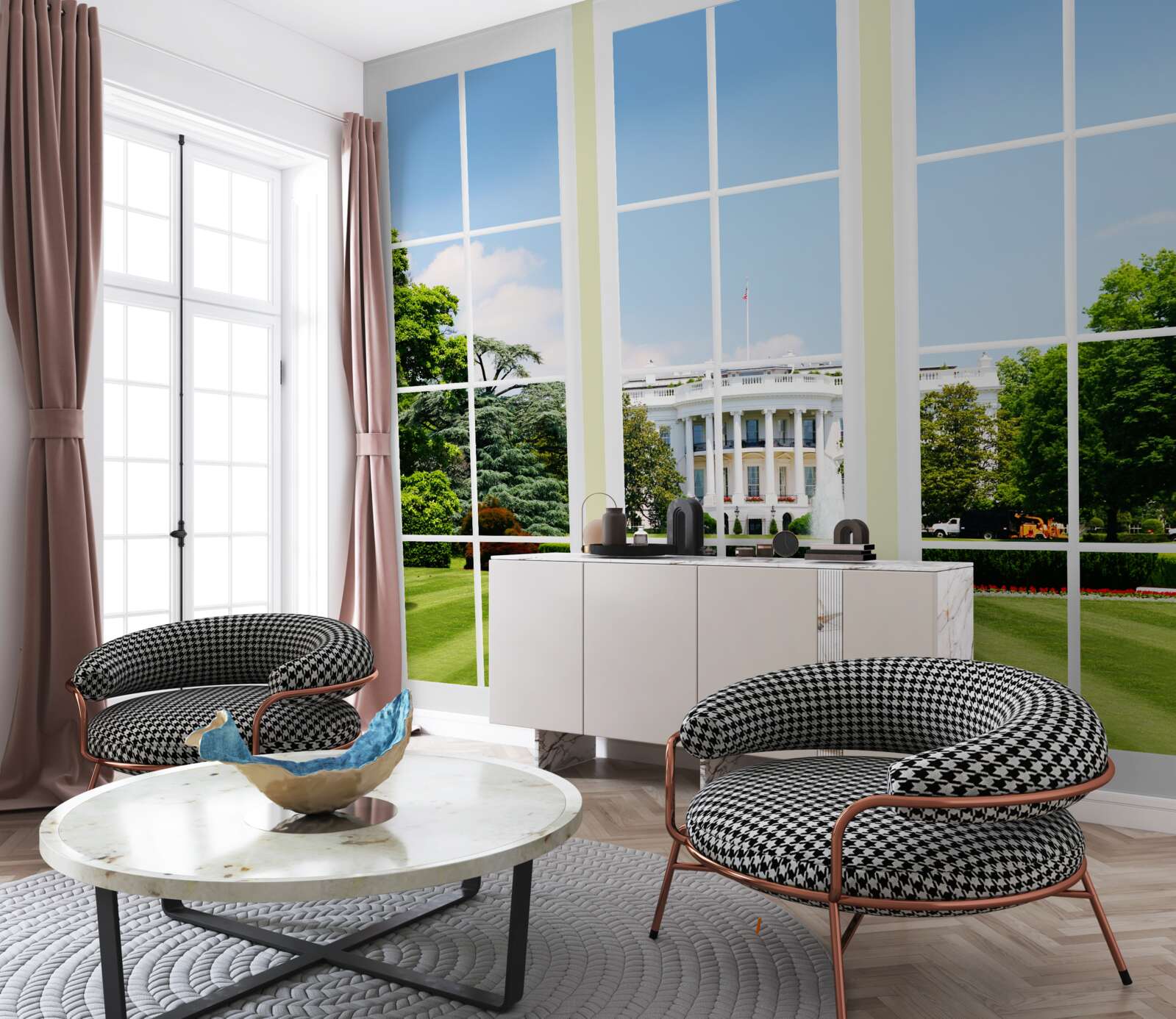 Fototapeta dom jest śnieżnobiały z widokiem na zielone łąki w oknach