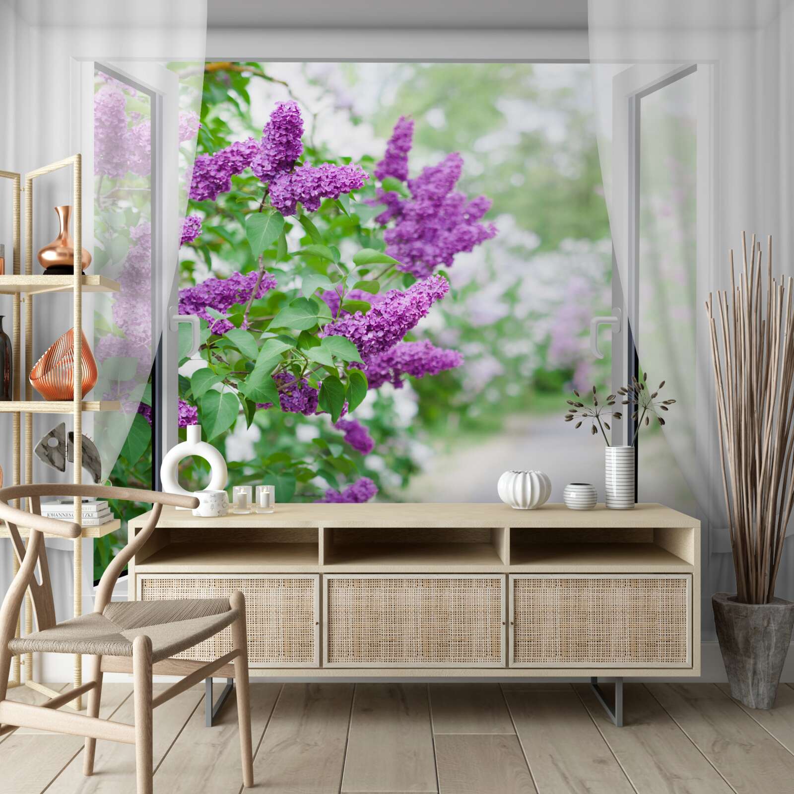 Fototapeta białe okno ozdobione jest bzami