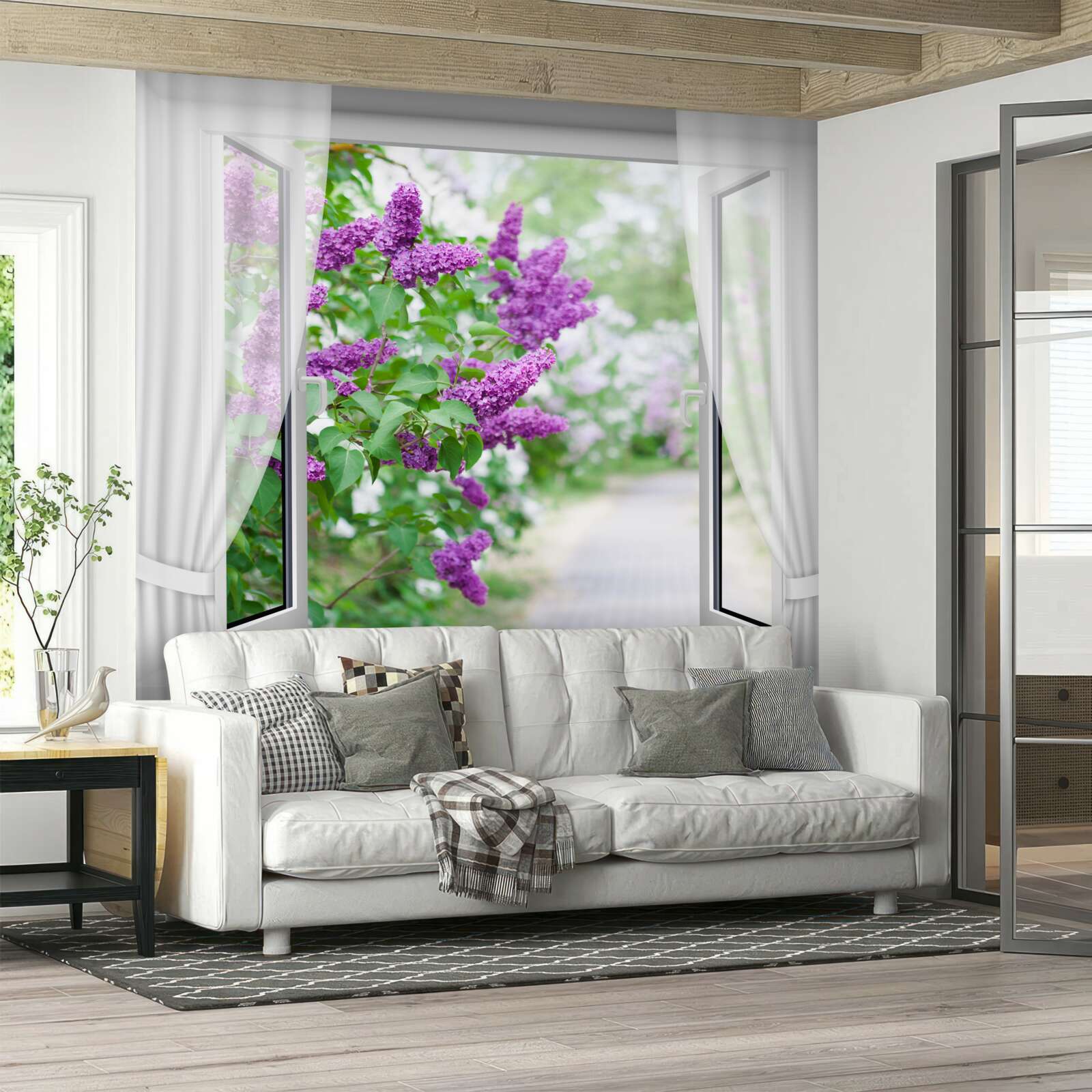 Fototapeta białe okno ozdobione jest bzami