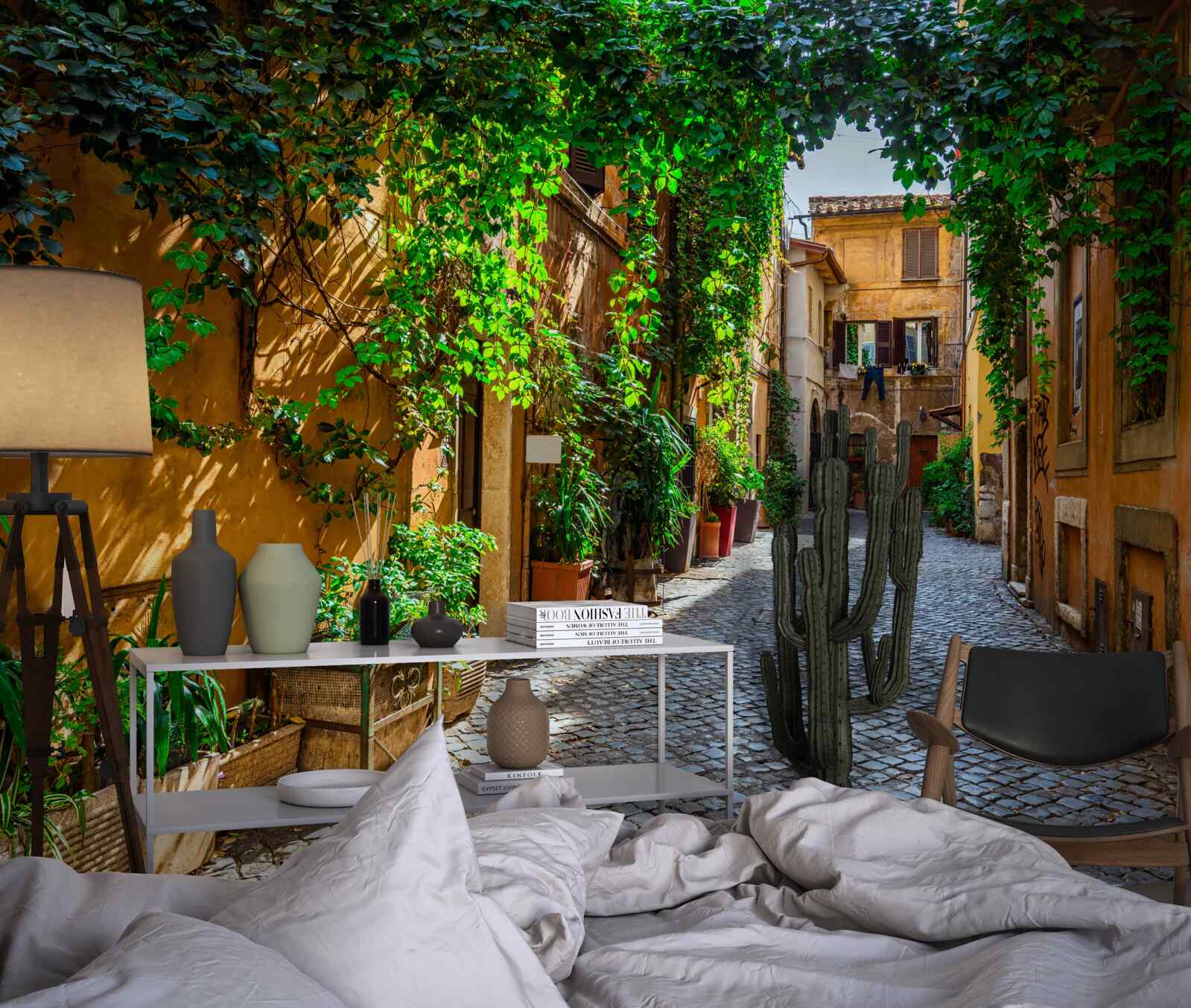 Fototapeta włoski dziedziniec, otoczony zielenią, jest przepełniony komfortem