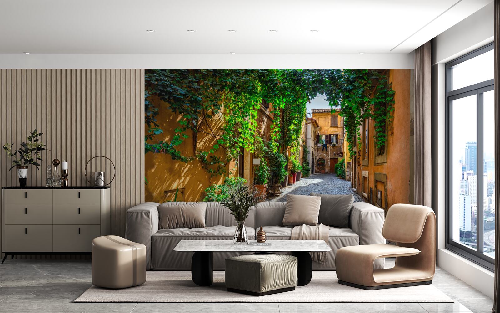 Fototapeta włoski dziedziniec, otoczony zielenią, jest przepełniony komfortem