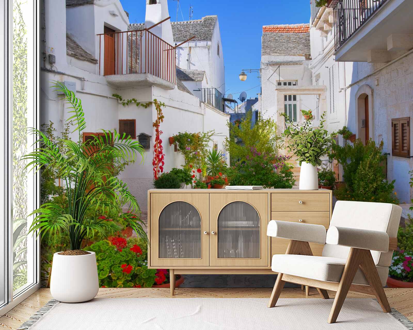 Fototapeta ulica santorini, zanurzona w zieleni