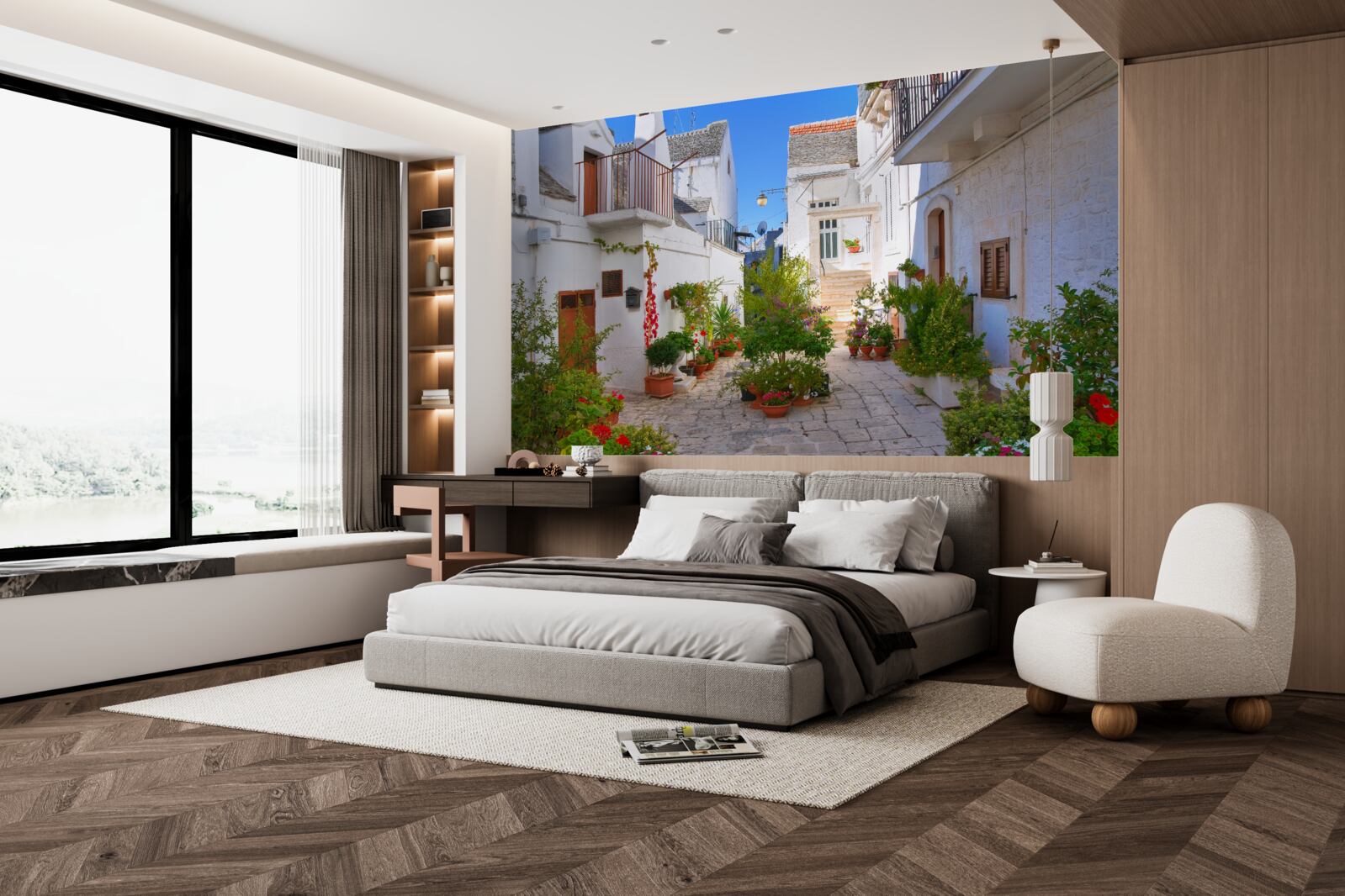 Fototapeta ulica santorini, zanurzona w zieleni