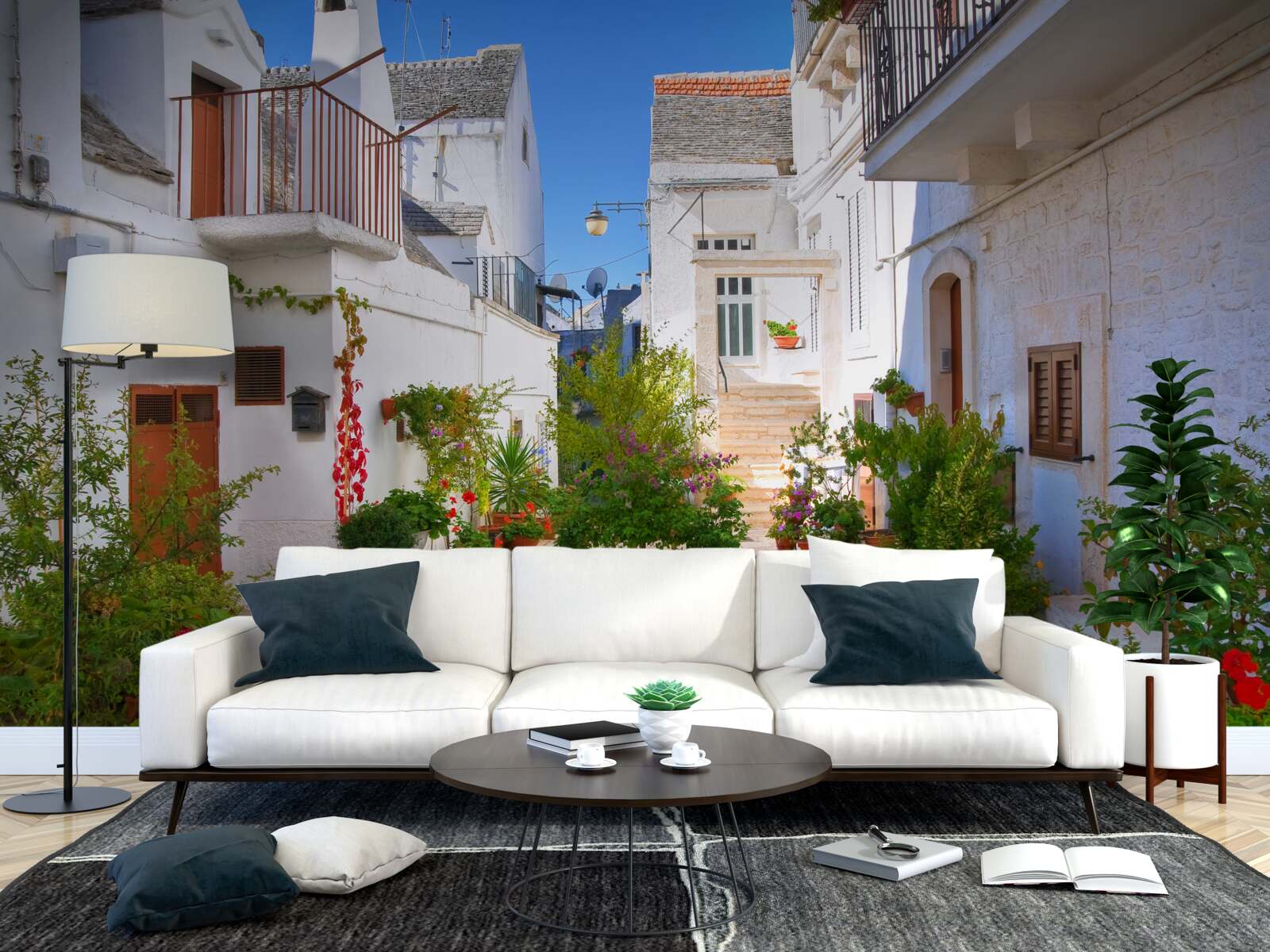 Fototapeta ulica santorini, zanurzona w zieleni