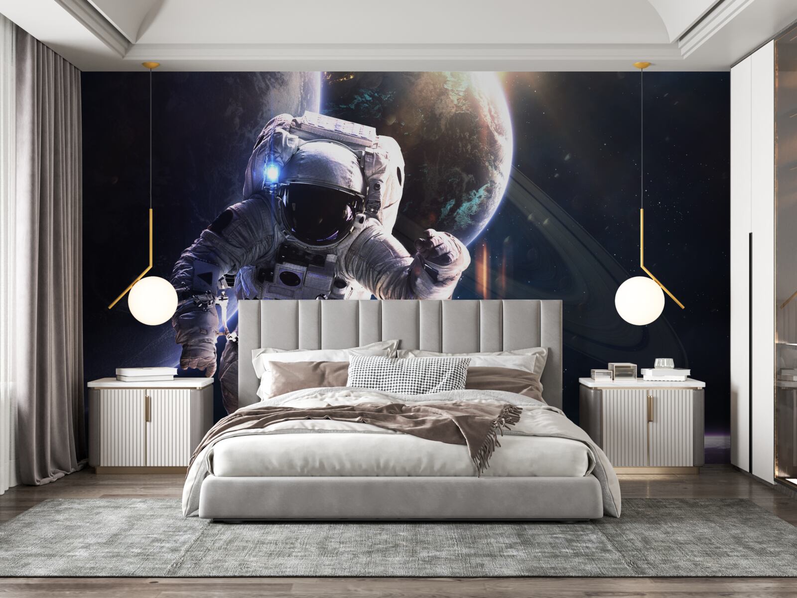 Fototapeta astronauta pozujący przed jowiszem