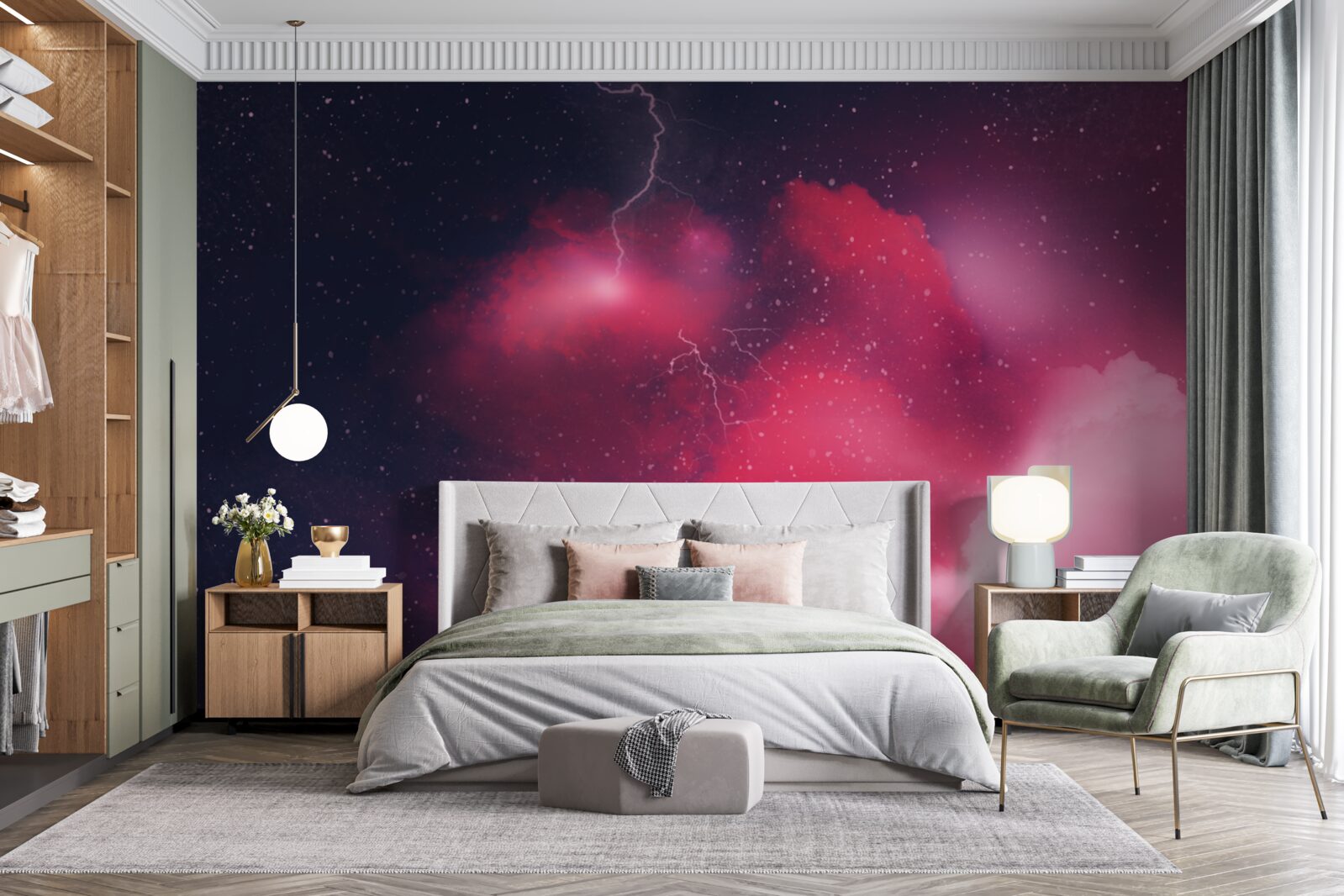Fototapeta błyski burzy w szkarłatnej przestrzeni