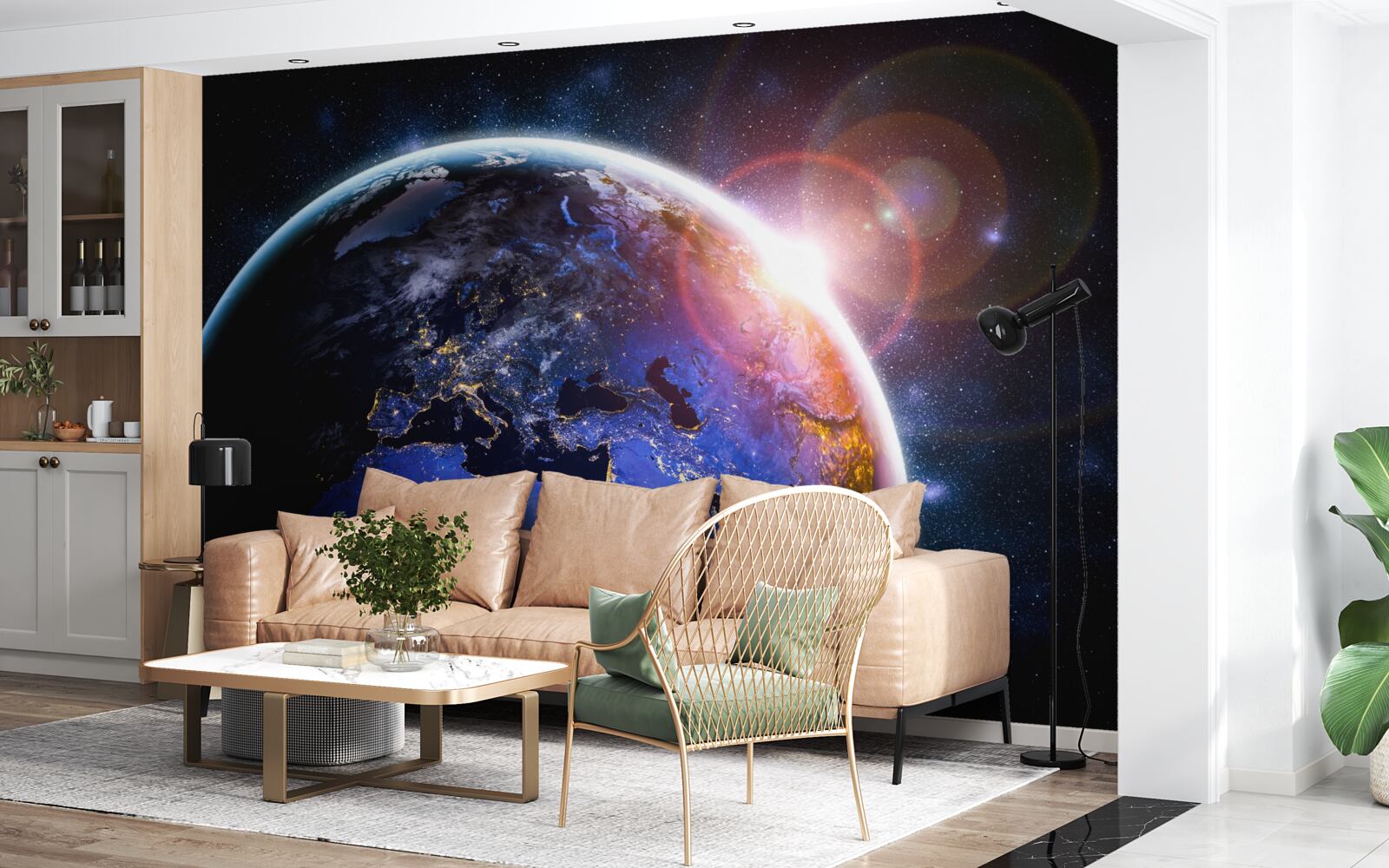 Fototapeta słońce zachodzi w swoim jasnym świetle nad planetą