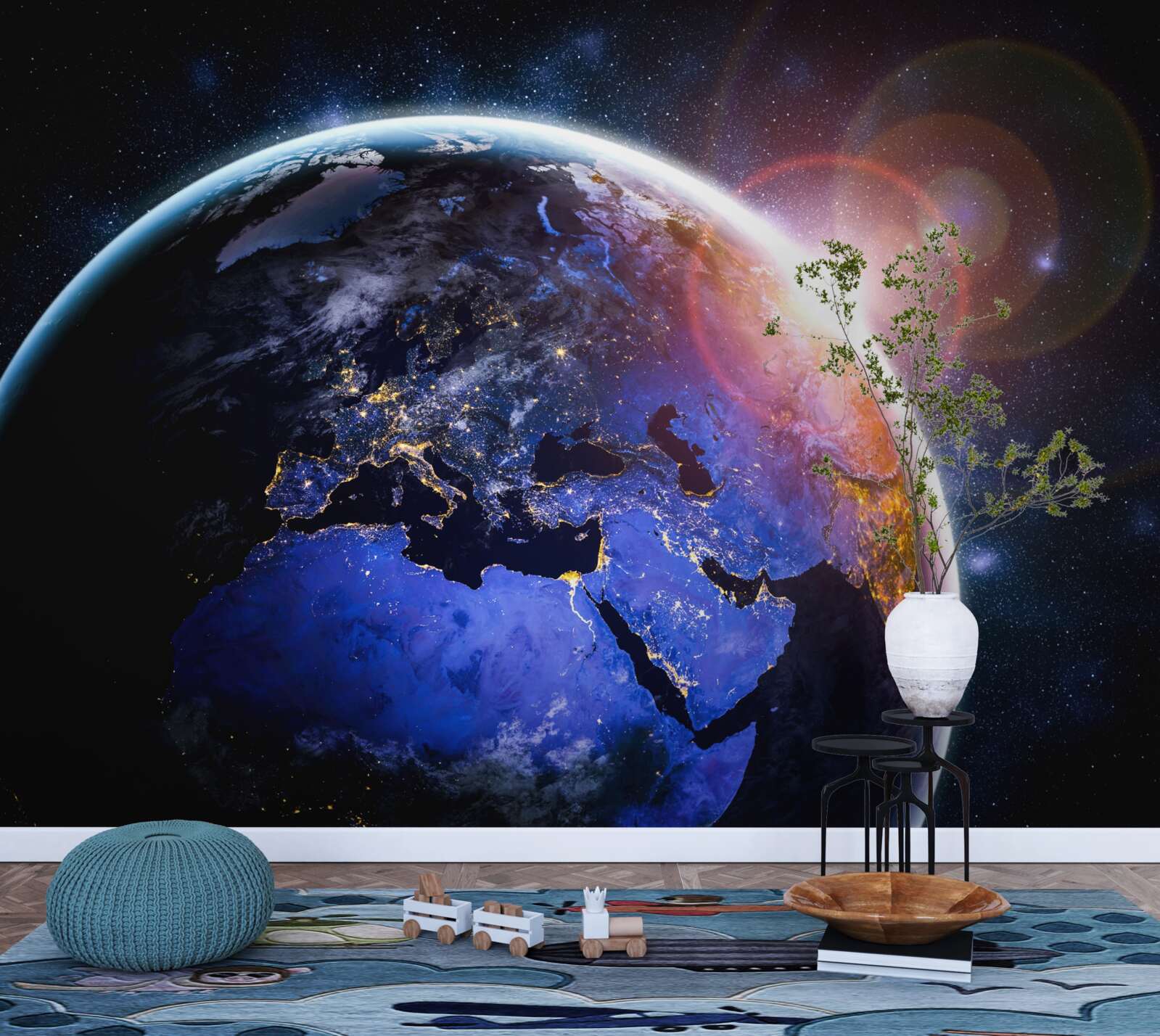 Fototapeta słońce zachodzi w swoim jasnym świetle nad planetą