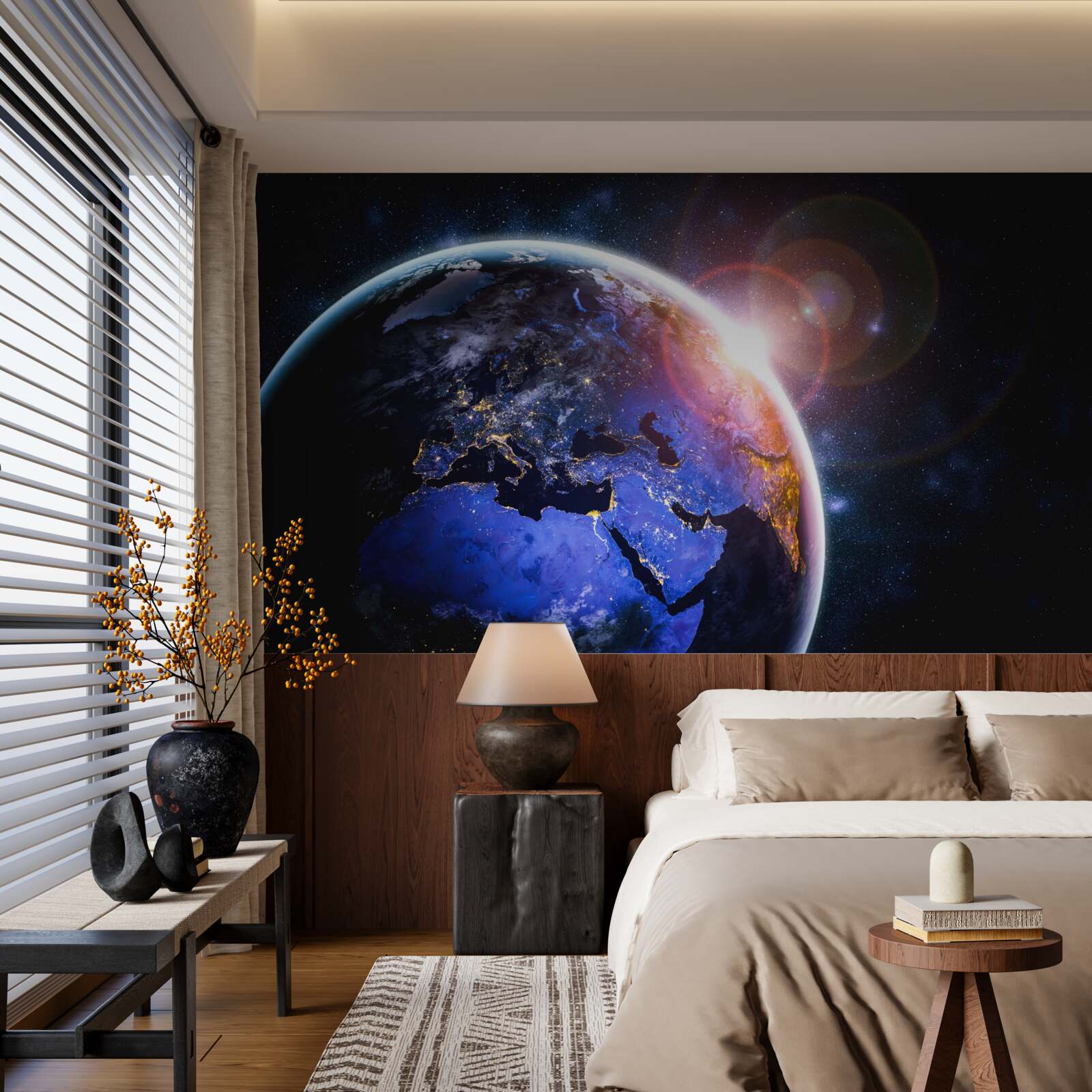 Fototapeta słońce zachodzi w swoim jasnym świetle nad planetą