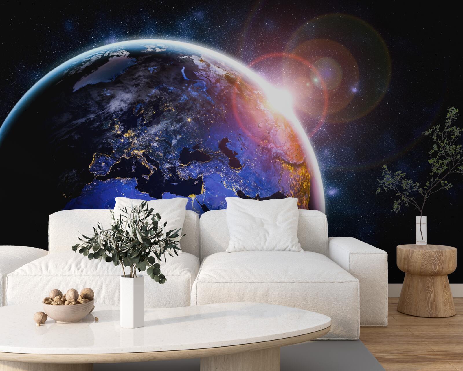 Fototapeta słońce zachodzi w swoim jasnym świetle nad planetą