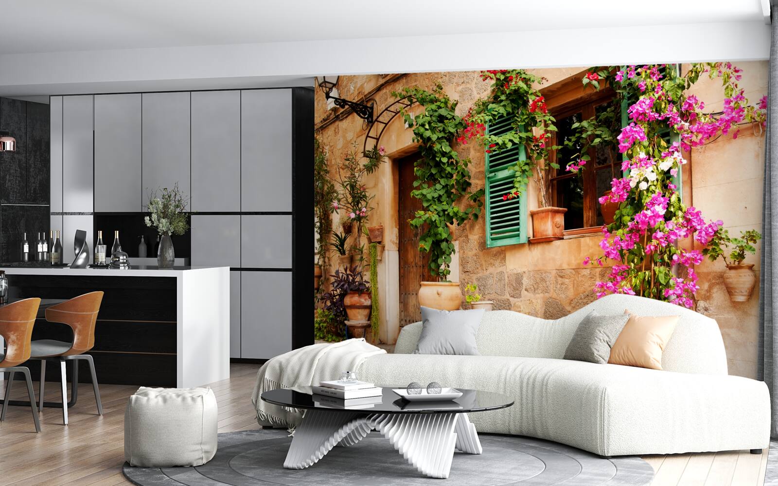 Fototapeta rośliny w pojemnikach na starożytnym chodniku