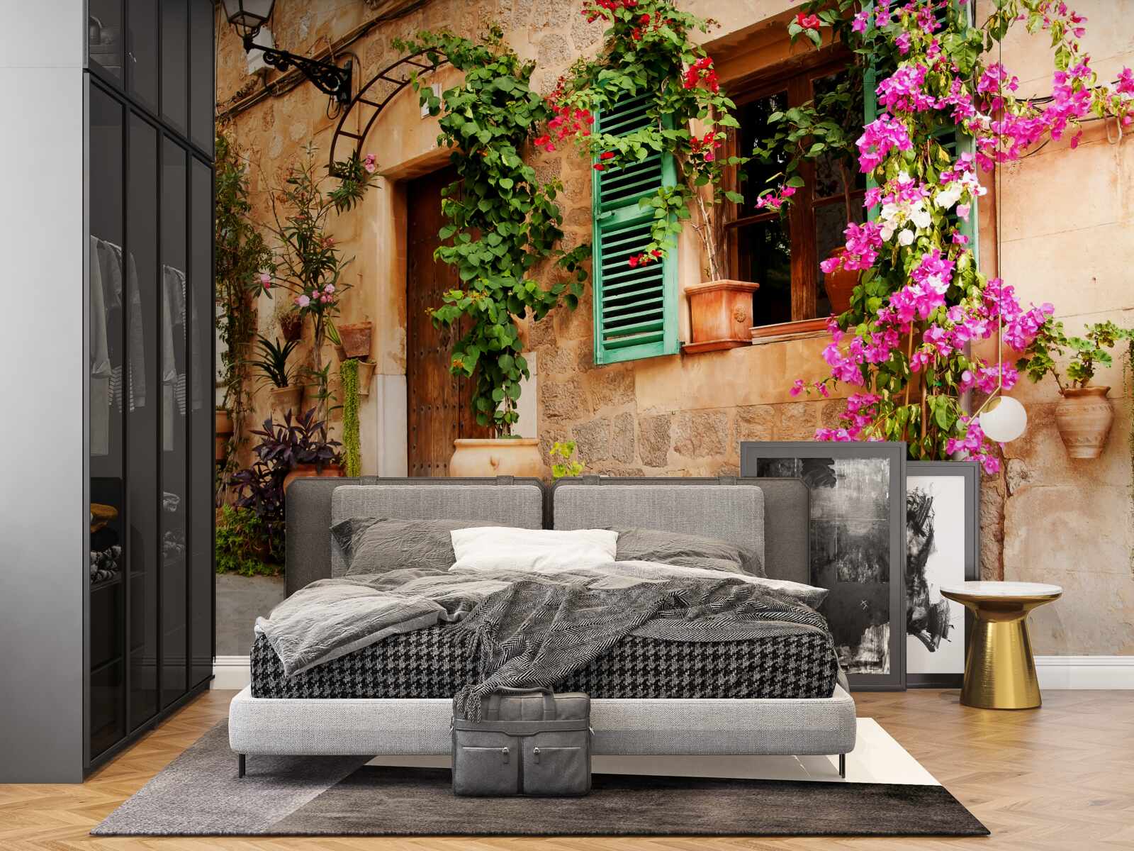 Fototapeta rośliny w pojemnikach na starożytnym chodniku