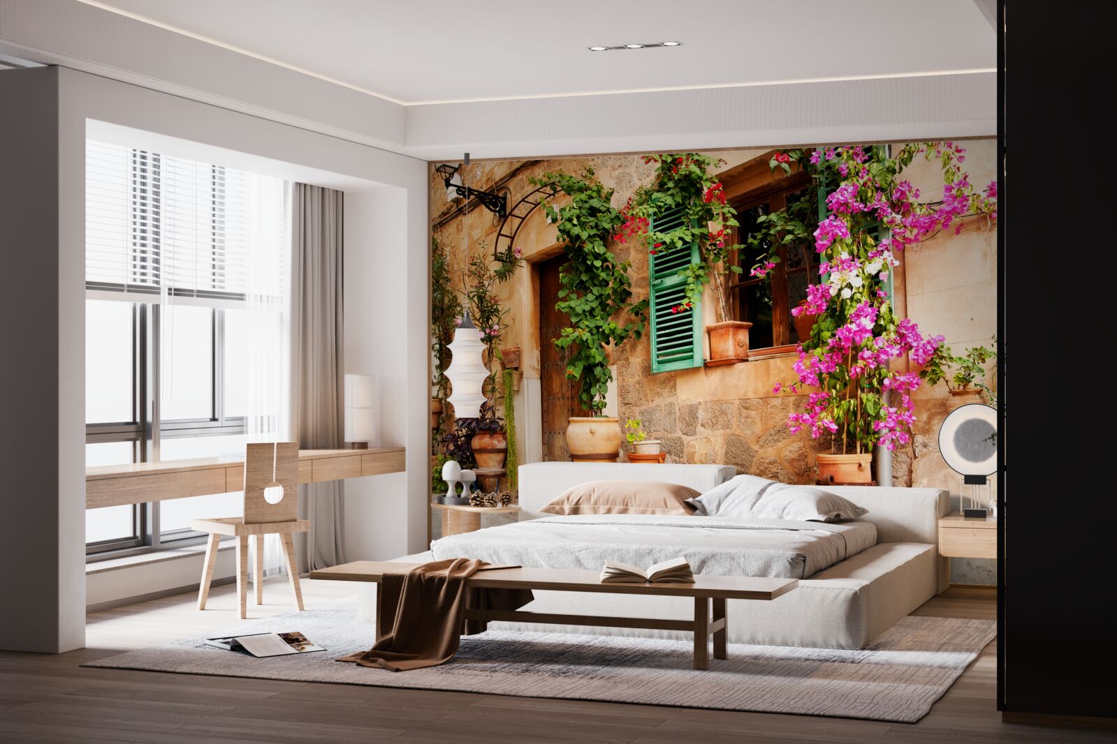 Fototapeta rośliny w pojemnikach na starożytnym chodniku