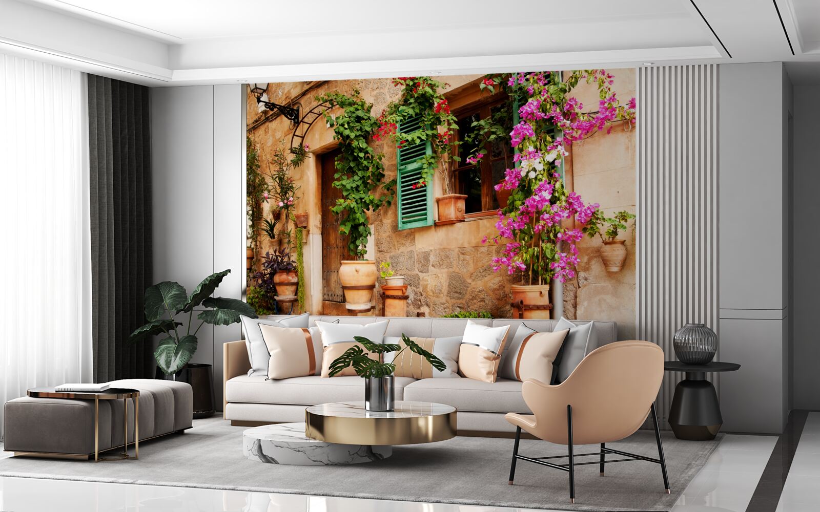 Fototapeta rośliny w pojemnikach na starożytnym chodniku