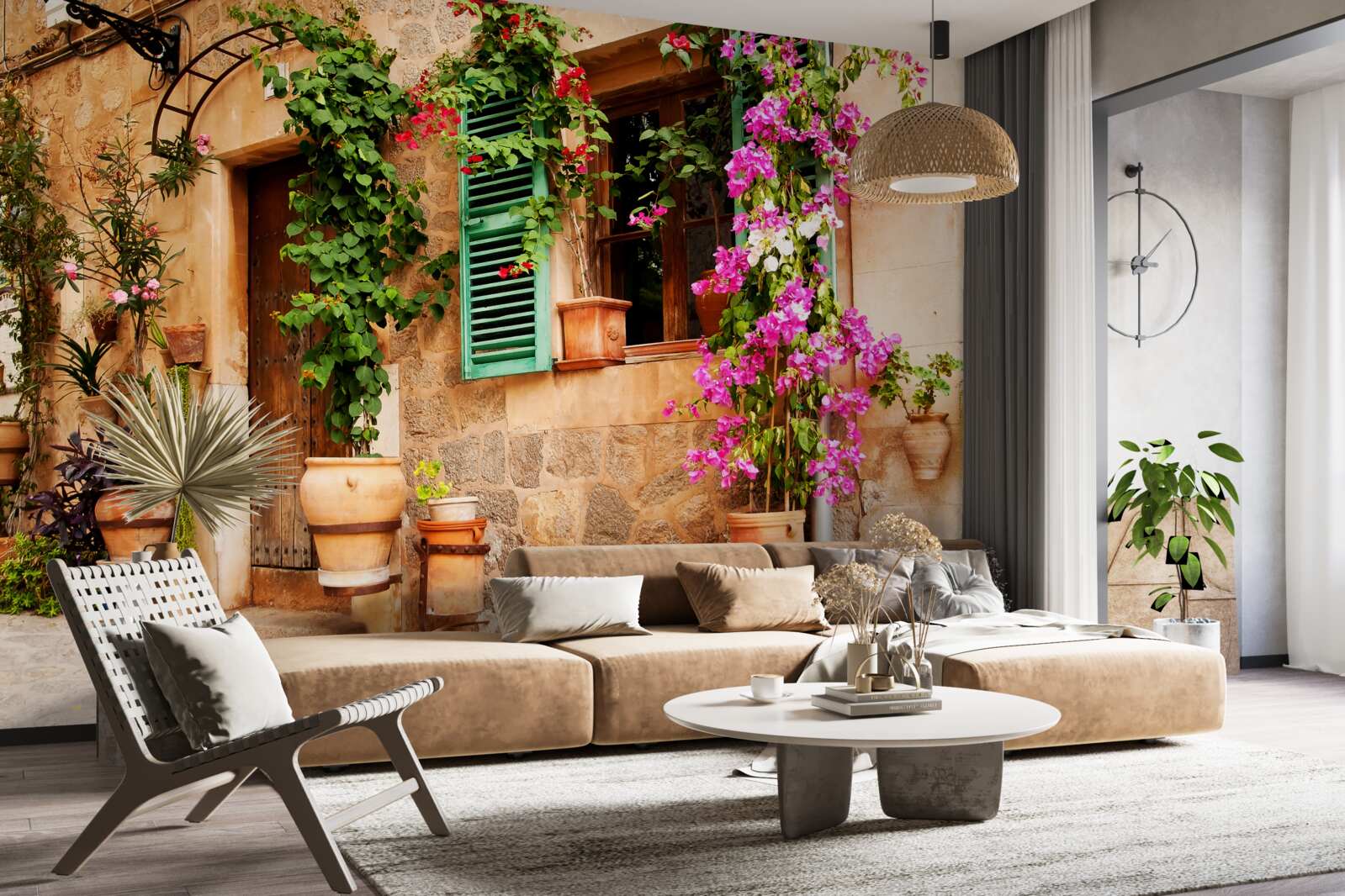 Fototapeta rośliny w pojemnikach na starożytnym chodniku