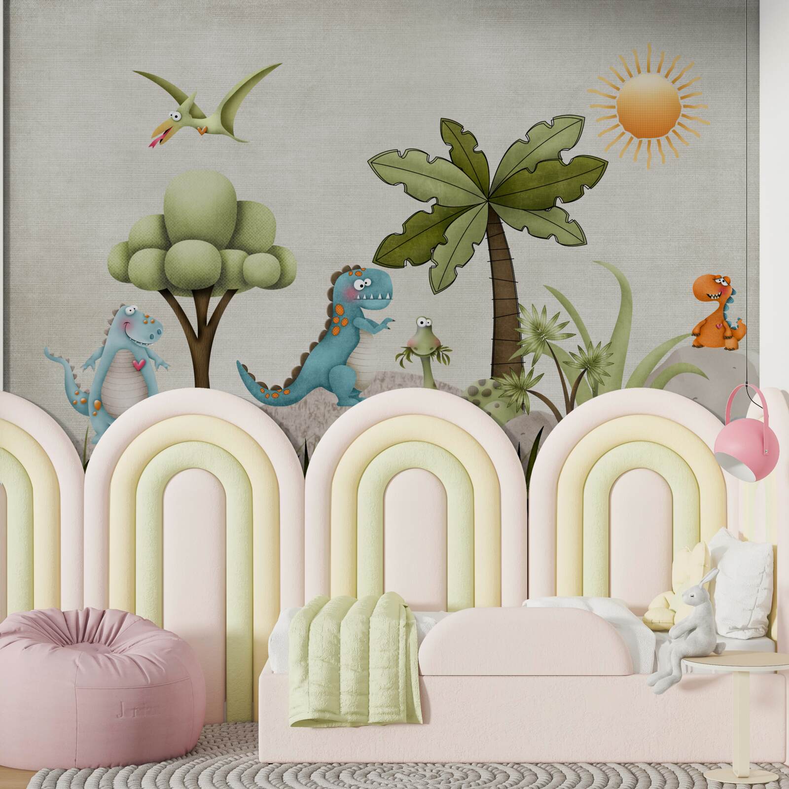 Fototapeta małe dinozaury z kreskówek w zielonych zaroślach