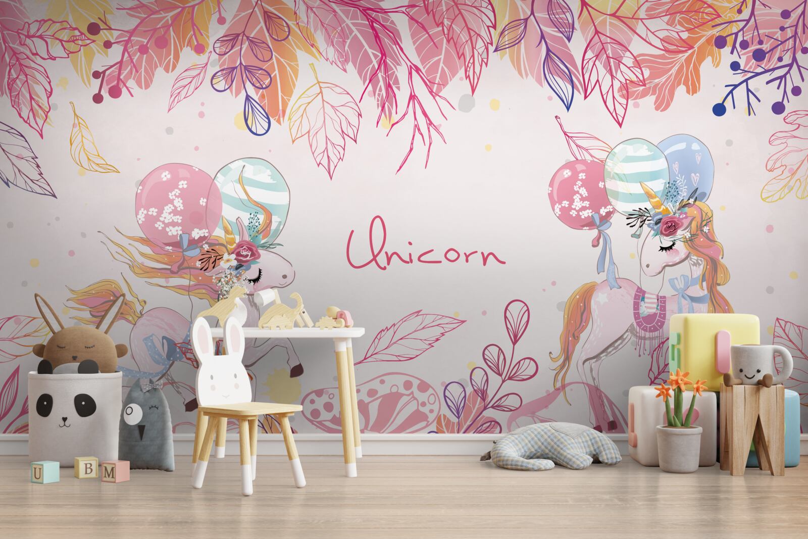 Fototapeta różowe jednorożce z balonami z helem