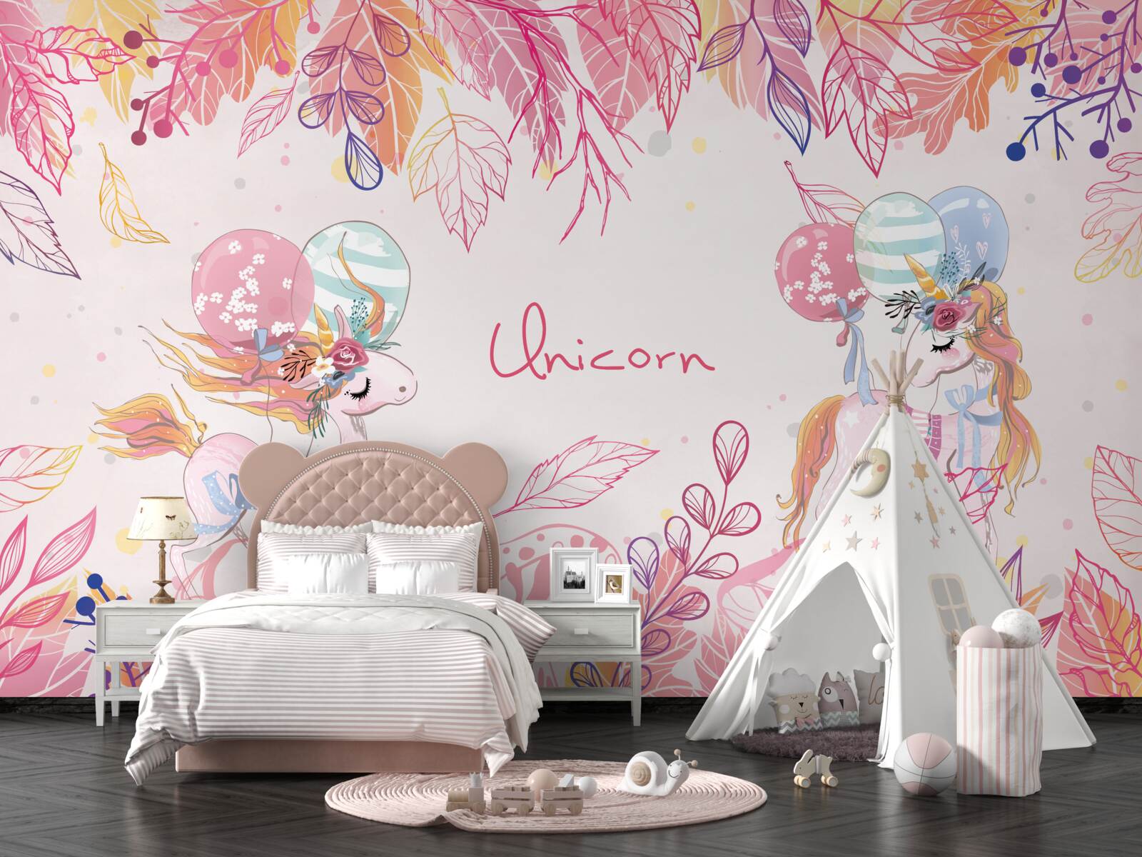 Fototapeta różowe jednorożce z balonami z helem