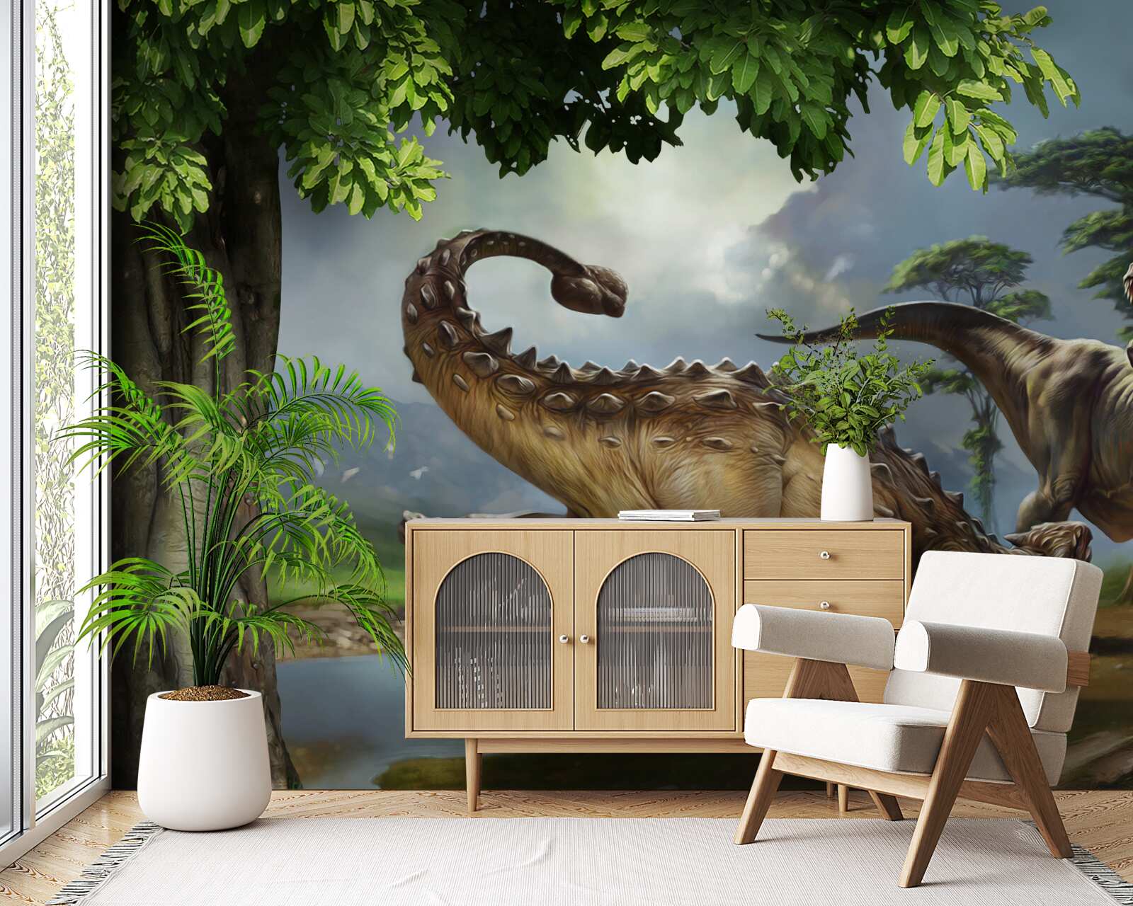 Fototapeta w lesie niedaleko stawu żyją dinozaury