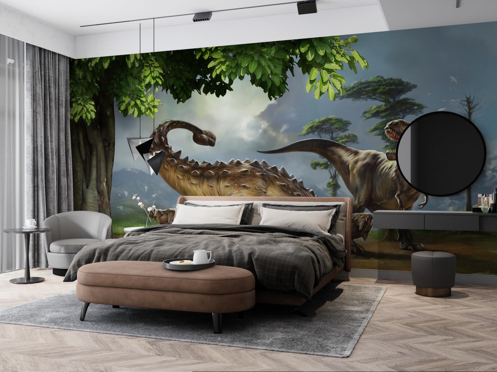 Fototapeta w lesie niedaleko stawu żyją dinozaury