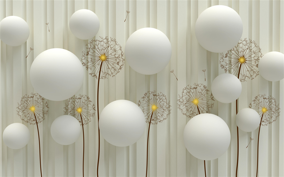 Fototapeta skład białych kulek i kwitnących mniszek lekarski