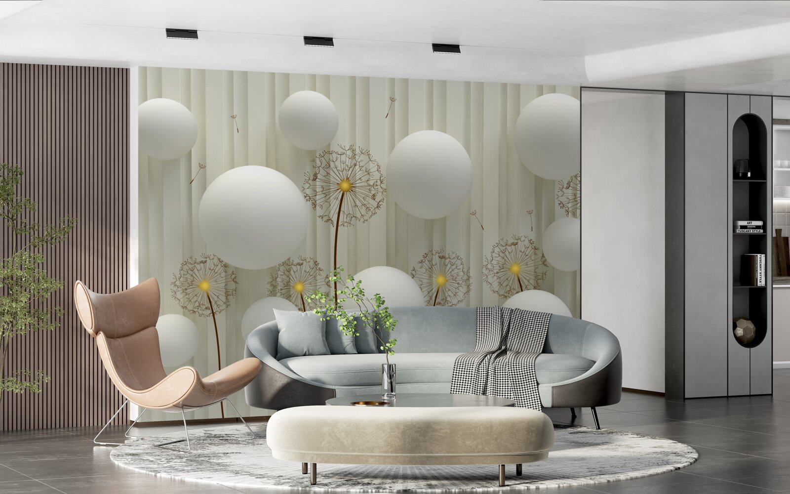 Fototapeta skład białych kulek i kwitnących mniszek lekarski