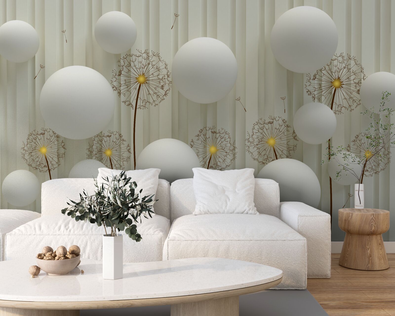 Fototapeta skład białych kulek i kwitnących mniszek lekarski