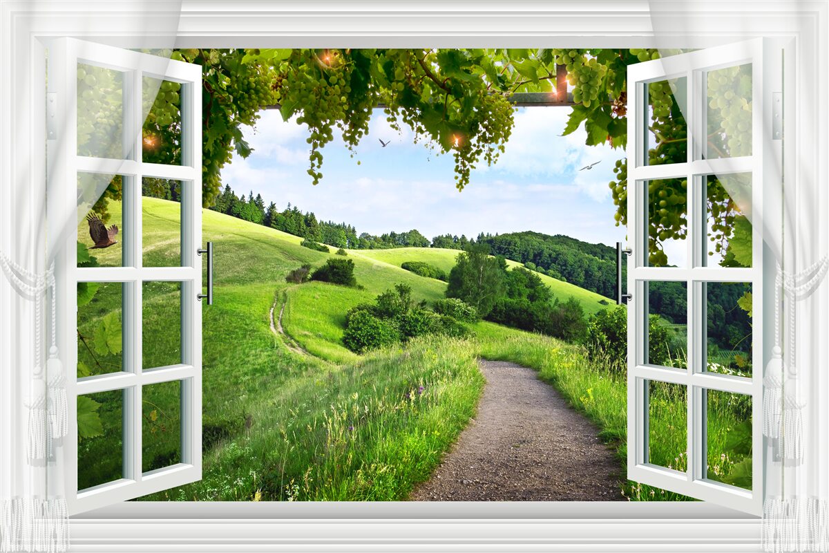 Fototapeta okno wychodzące na panoramę zielonych łąk