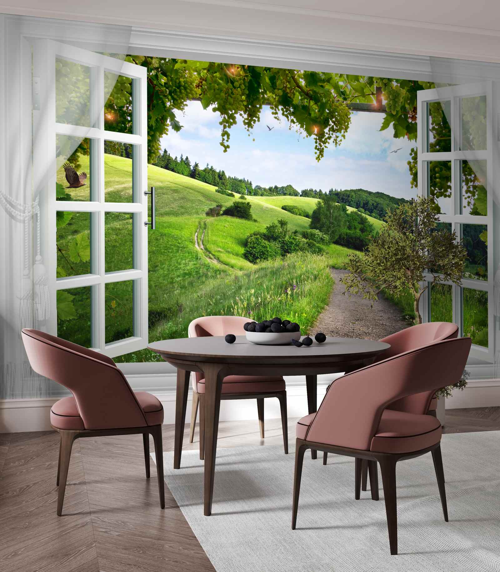 Fototapeta okno wychodzące na panoramę zielonych łąk