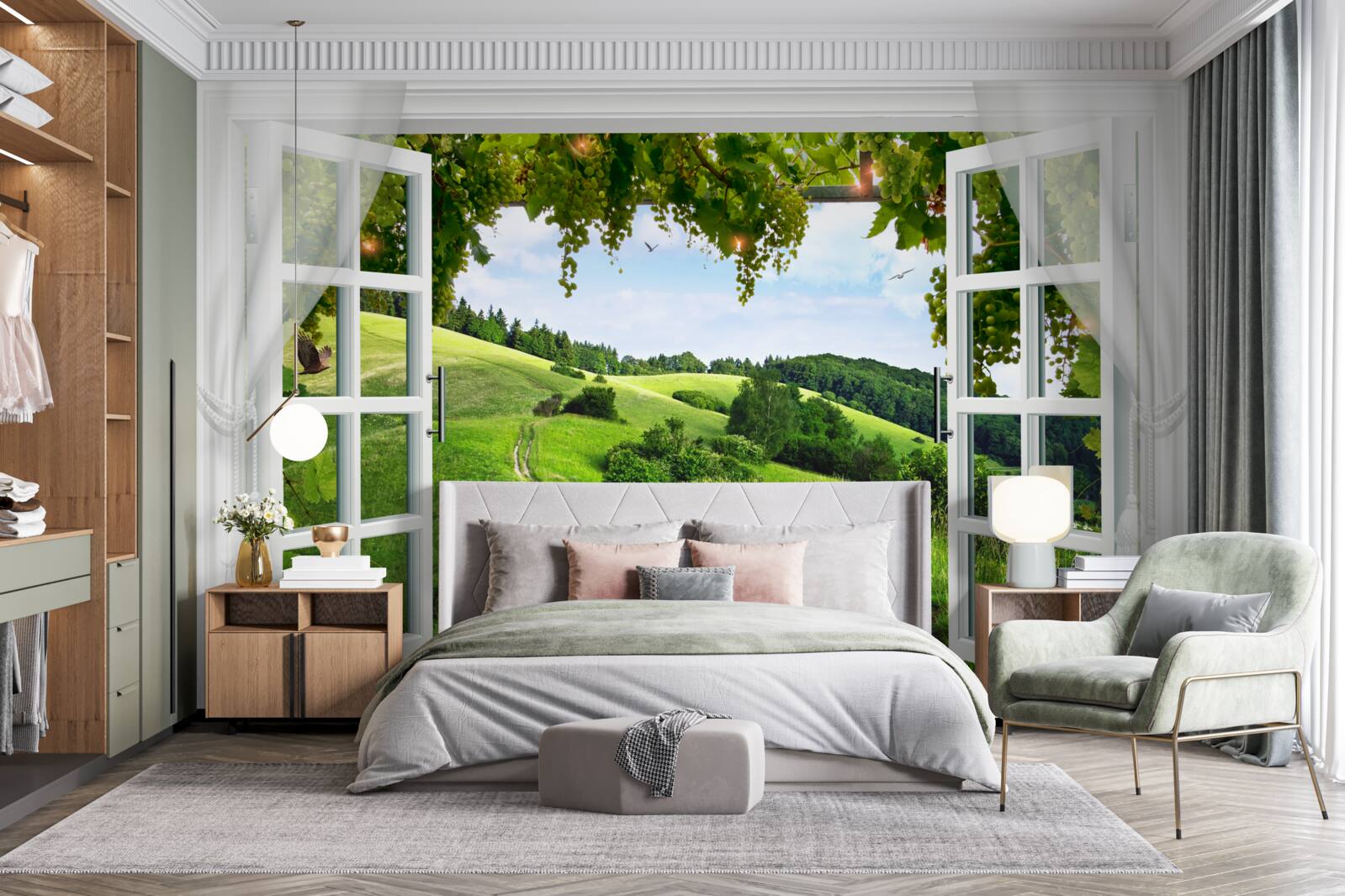 Fototapeta okno wychodzące na panoramę zielonych łąk