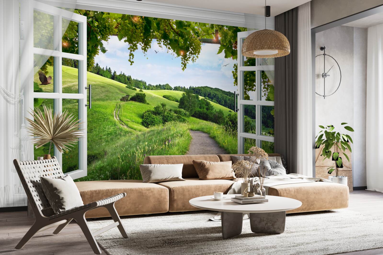 Fototapeta okno wychodzące na panoramę zielonych łąk