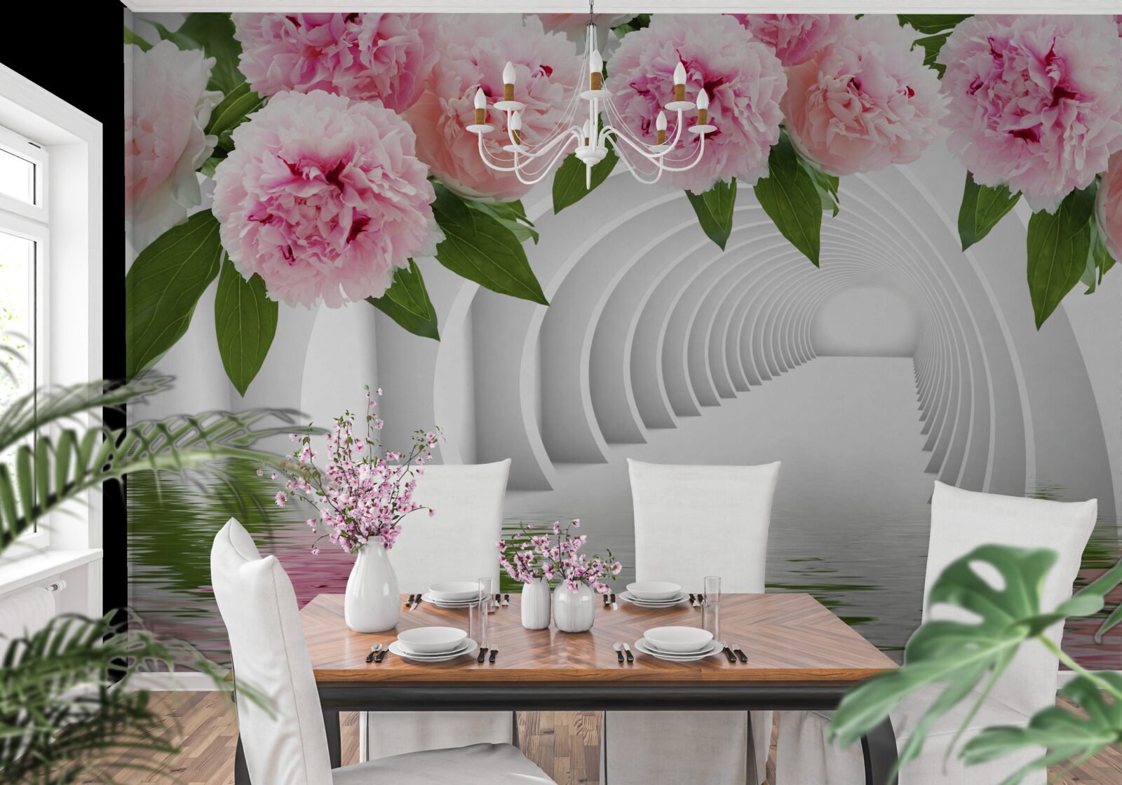 Fototapeta piwonie w różowym kolorze nad powierzchnią wody