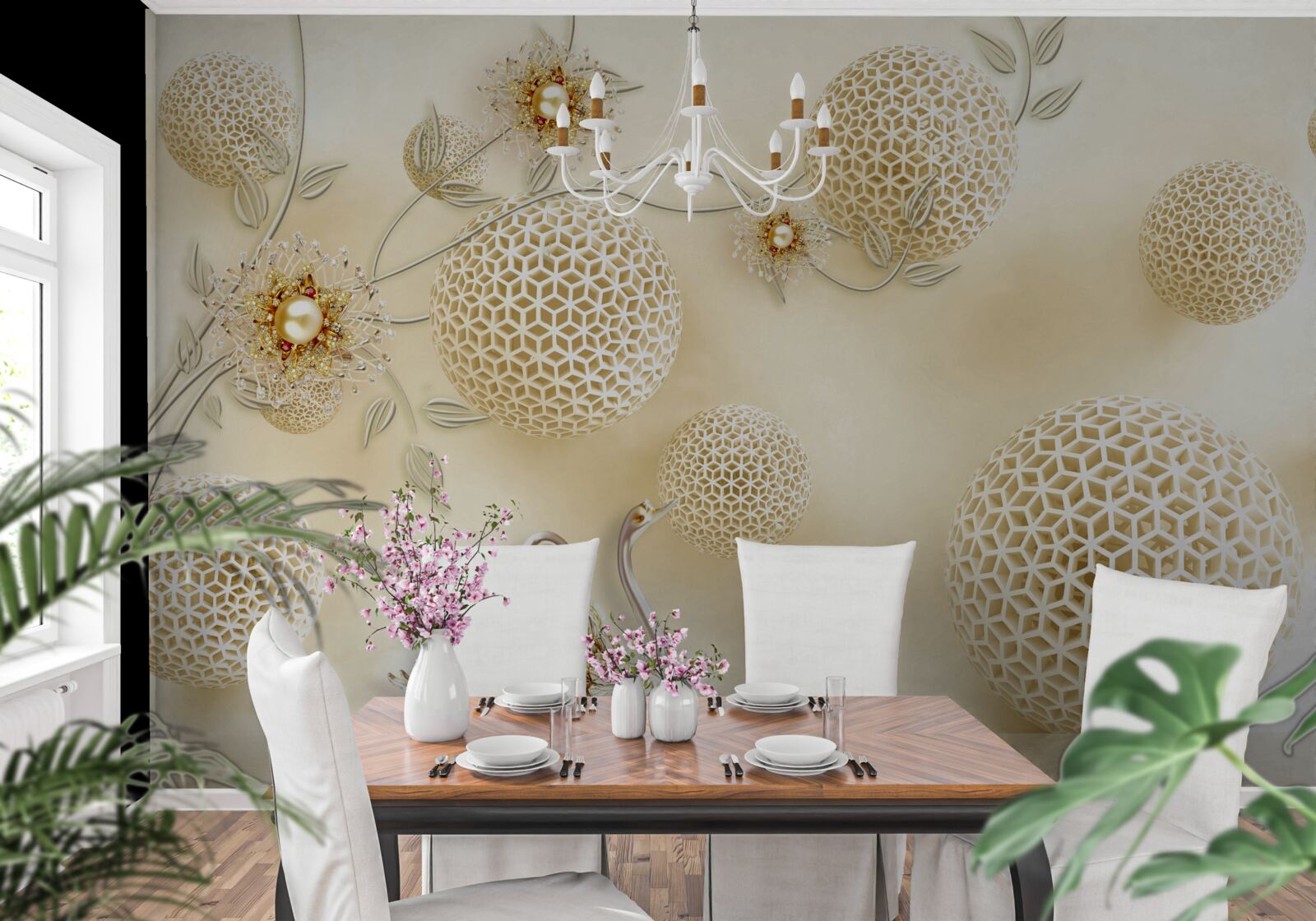 Fototapeta Łabędzie szybujące na niebie i kwiaty przerzedzone jak brąz