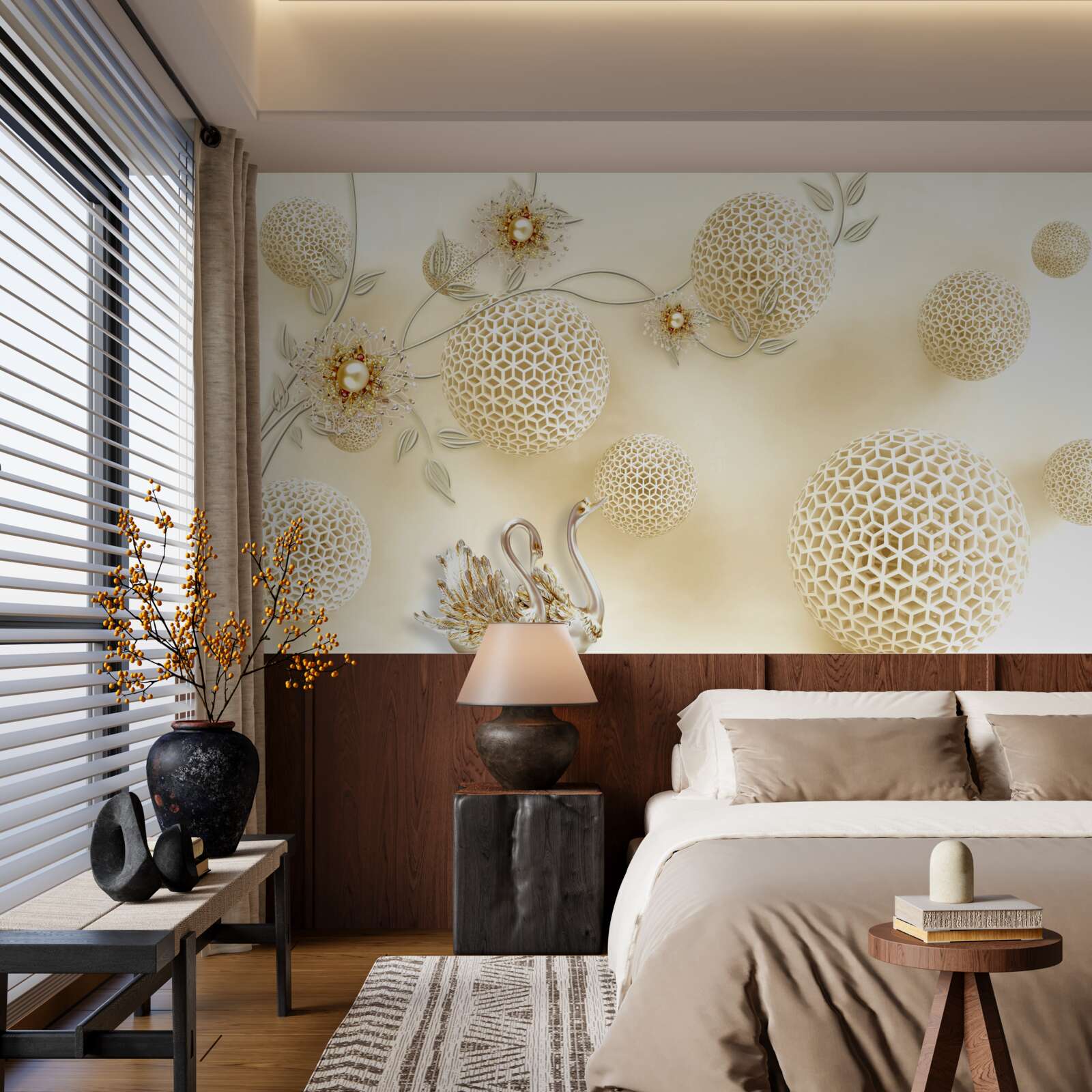 Fototapeta Łabędzie szybujące na niebie i kwiaty przerzedzone jak brąz