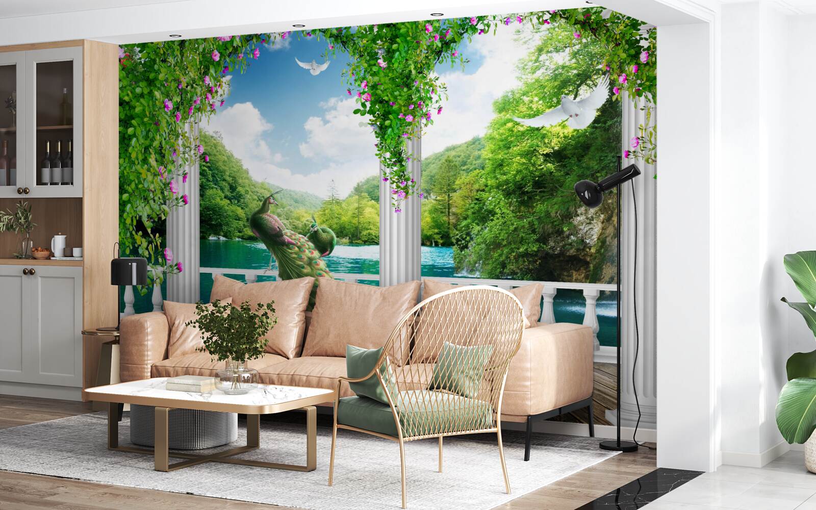 Fototapeta kolumnada nad jeziorem, porośnięta zaroślami