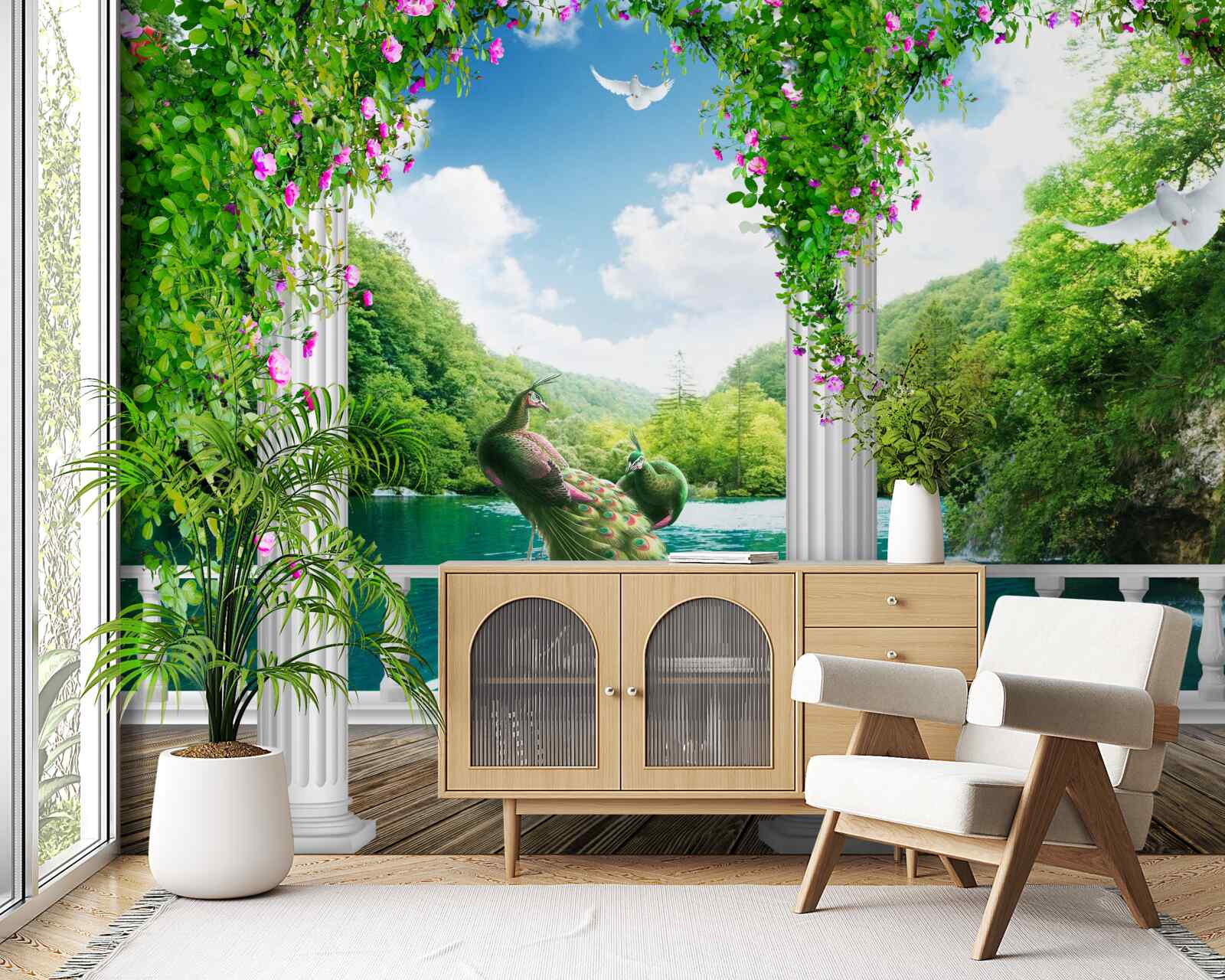 Fototapeta kolumnada nad jeziorem, porośnięta zaroślami