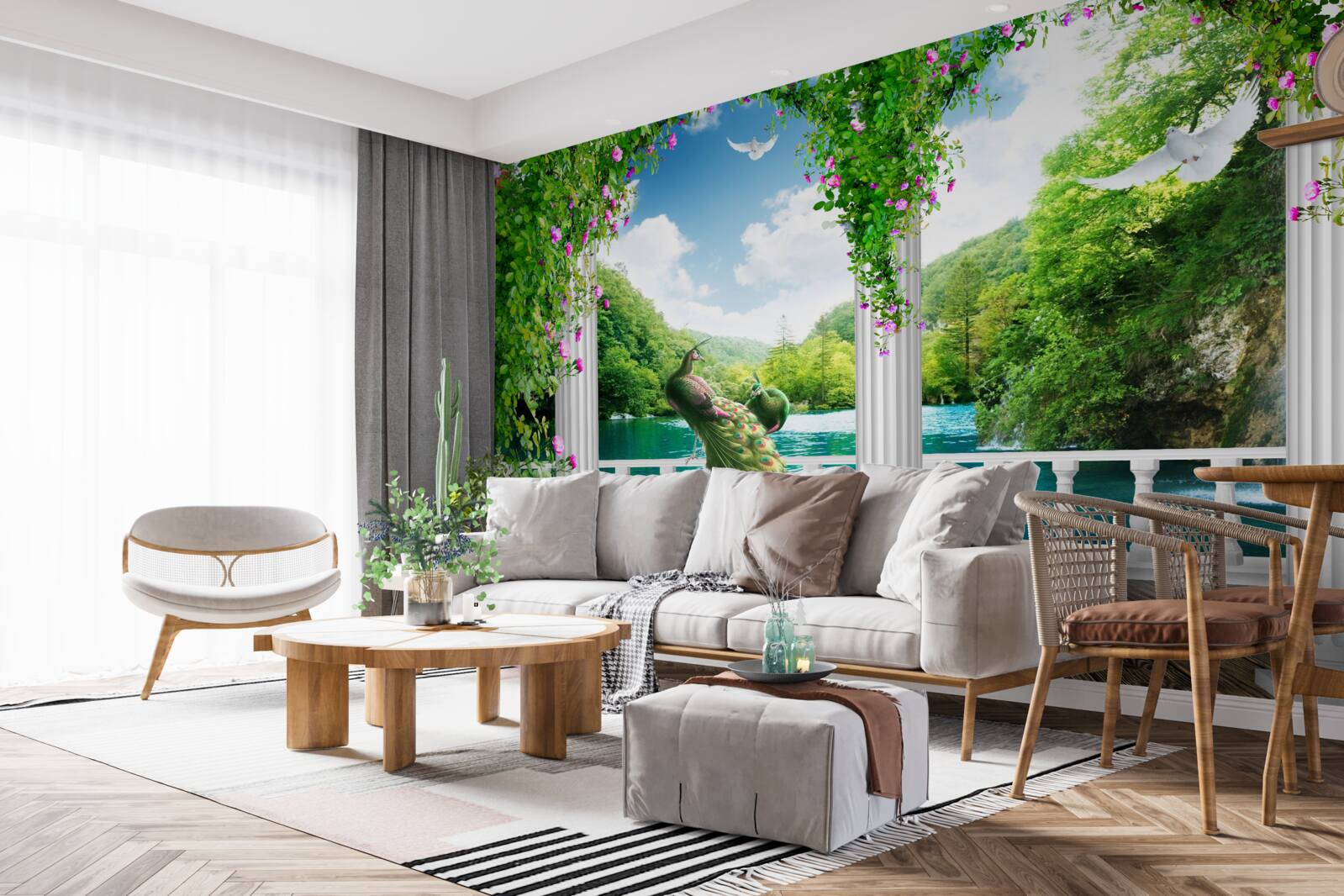 Fototapeta kolumnada nad jeziorem, porośnięta zaroślami