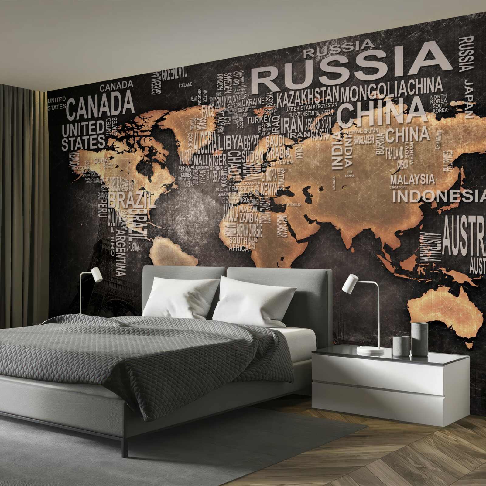 Fototapeta mapa świata w ciemnych kolorach ze wskazaniem nazw największych stanów