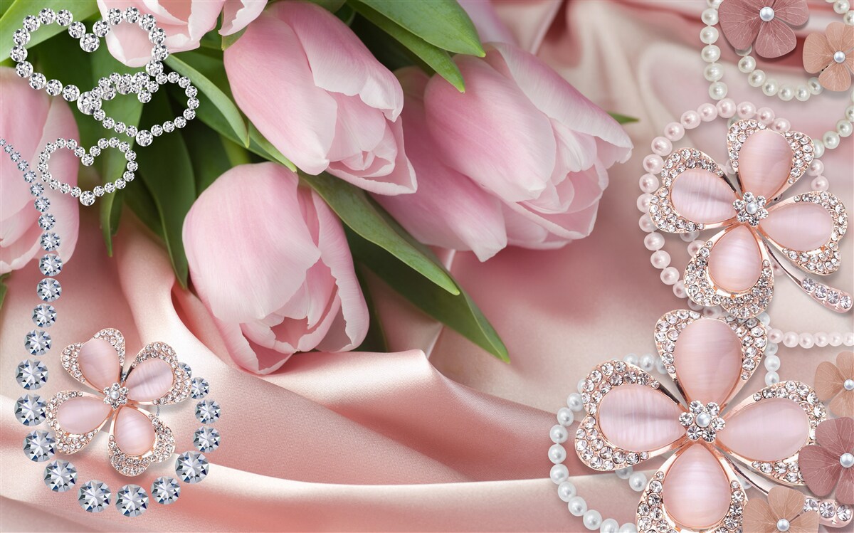 Fototapeta tulipany w kolorze różowym, ozdobione koralikami na jedwabnym tle