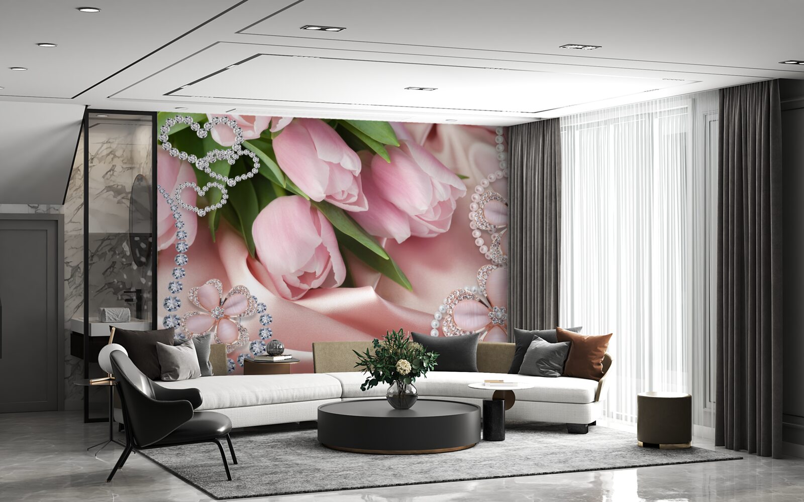 Fototapeta tulipany w kolorze różowym, ozdobione koralikami na jedwabnym tle