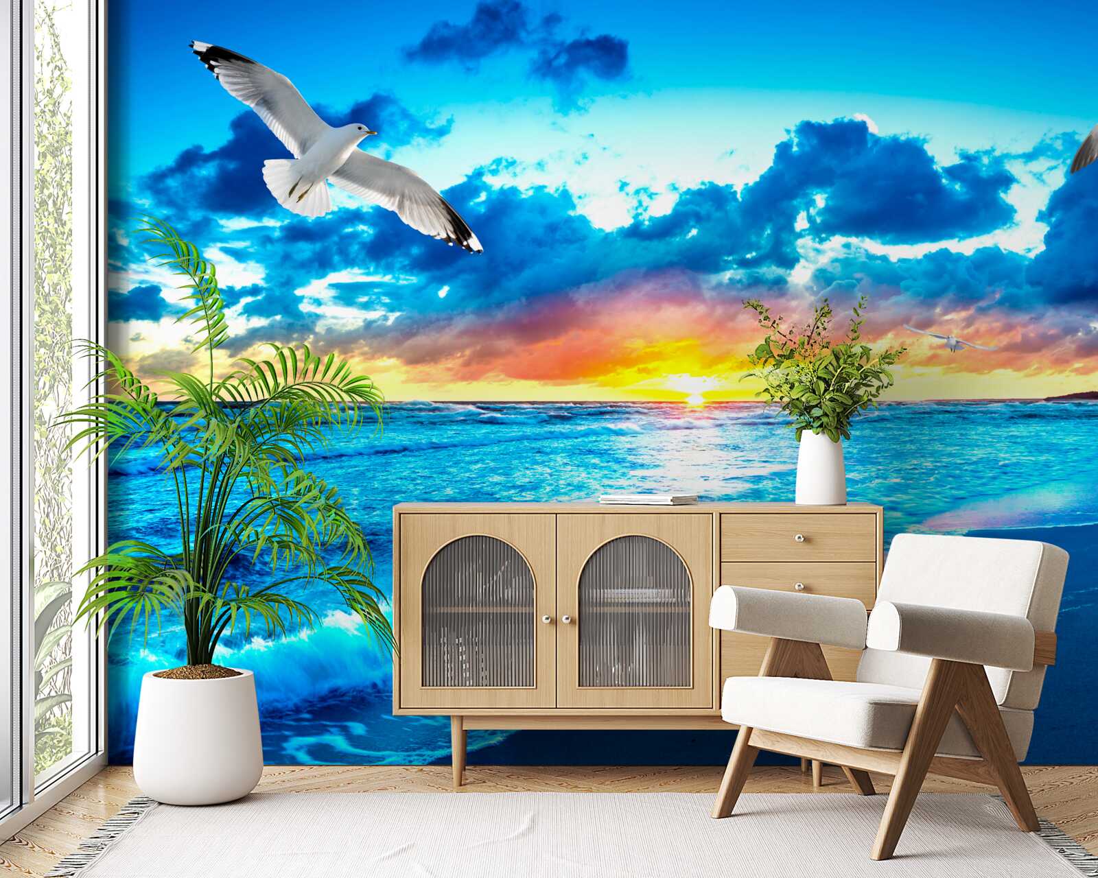 Fototapeta zachód słońca nad morzem i marzycielskimi mewami